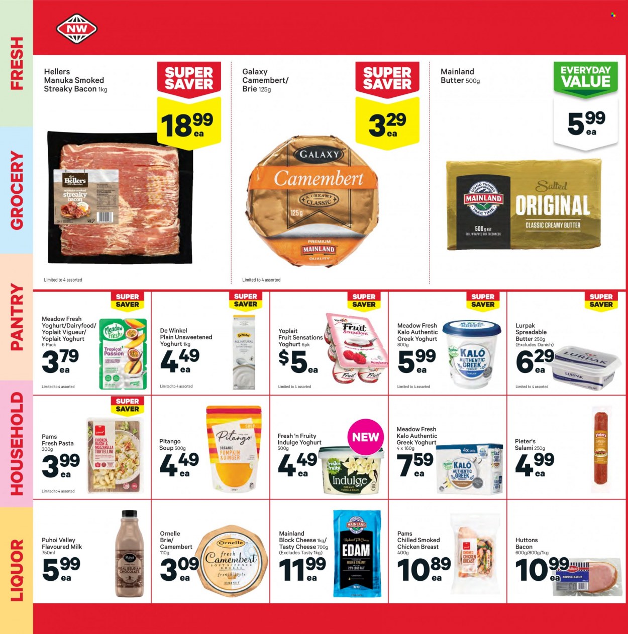 thumbnail - New World mailer - 20.09.2021 - 26.09.2021 - Sales products - soup, bacon, salami, streaky bacon, camembert, cheese, brie, greek yoghurt, yoghurt, Yoplait, milk, flavoured milk, butter, spreadable butter, liquor, chicken breasts. Page 12.