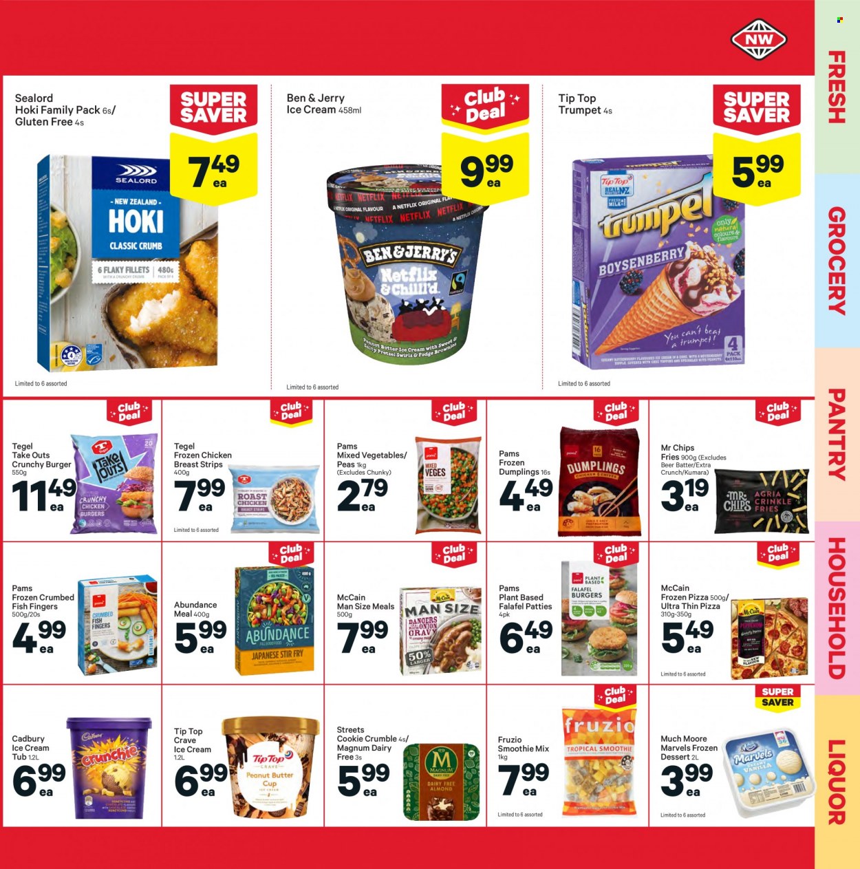 thumbnail - New World mailer - 20.09.2021 - 26.09.2021 - Sales products - Tip Top, peas, fish, crumbed fish, Sealord, hoki fish, fish fingers, fish sticks, pizza, hamburger, dumplings, Magnum, ice cream, Much Moore, mixed vegetables, strips, McCain, potato fries, Cadbury, smoothie, liquor, beer. Page 13.