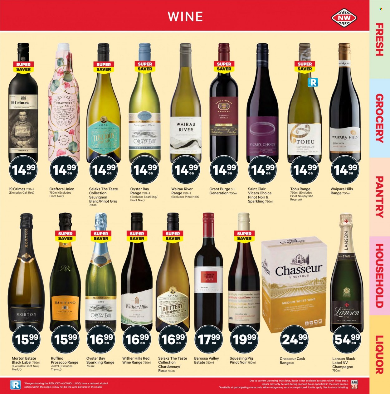 thumbnail - New World mailer - 20.09.2021 - 26.09.2021 - Sales products - oysters, red wine, white wine, champagne, prosecco, Chardonnay, wine, Merlot, Pinot Noir, Lanson, alcohol, Wither Hills, Syrah, Pinot Grigio, Sauvignon Blanc, rosé wine, Trust, Hill's. Page 25.