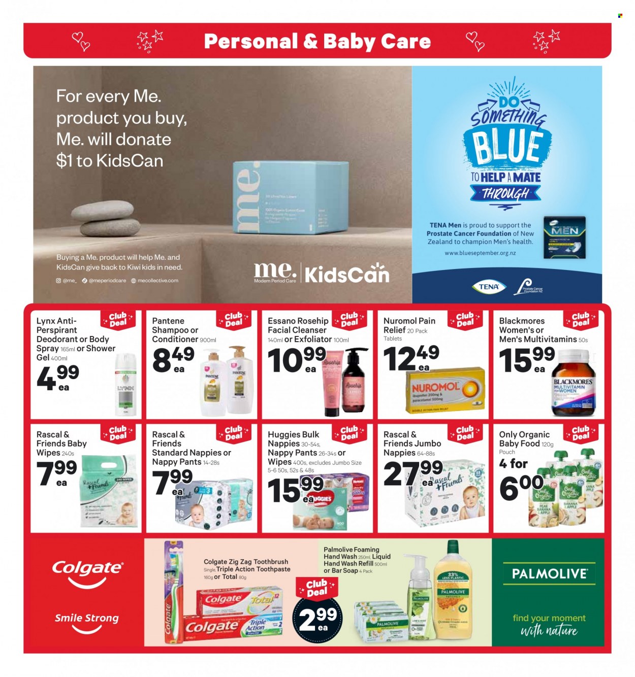 thumbnail - New World mailer - 20.09.2021 - 26.09.2021 - Sales products - kiwi, organic baby food, wipes, Huggies, pants, baby wipes, nappies, shampoo, shower gel, hand wash, Palmolive, soap bar, soap, Colgate, toothbrush, toothpaste, cleanser, conditioner, Pantene, Essano, body spray, anti-perspirant, deodorant, pain relief, multivitamin, Blackmores. Page 12.