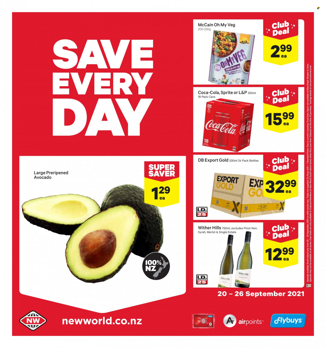 thumbnail - New World mailer - 20.09.2021 - 26.09.2021 - Sales products - avocado, McCain, spice, Coca-Cola, Sprite, L&P, red wine, wine, Merlot, Pinot Noir, Wither Hills, Syrah, Trust, Hill's. Page 16.