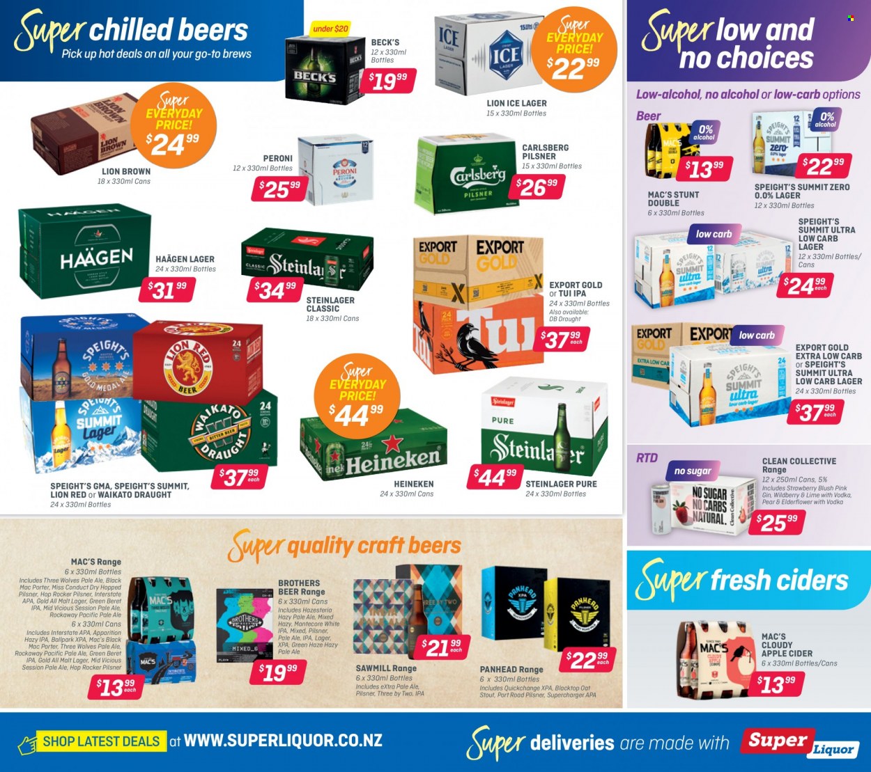 thumbnail - Super Liquor mailer - 20.09.2021 - 03.10.2021 - Sales products - apple cider, gin, vodka, liquor, BROTHERS, cider, beer, Heineken, Carlsberg, Steinlager, Peroni, Mac’s, Beck's, Lager, IPA. Page 2.