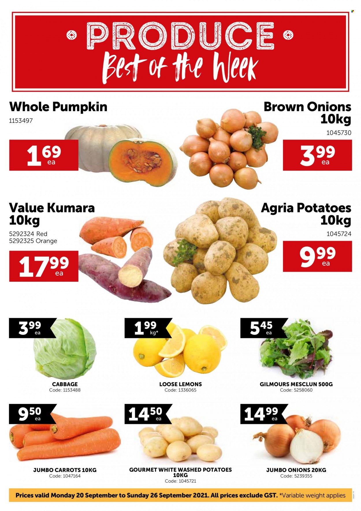 thumbnail - Gilmours mailer - 20.09.2021 - 26.09.2021 - Sales products - cabbage, carrots, potatoes, pumpkin, onion, mesclun, oranges, lemons. Page 1.