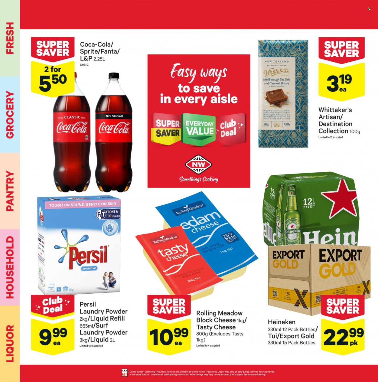 thumbnail - New World mailer - 27.09.2021 - 03.10.2021 - Sales products - cheese, Whittaker's, Coca-Cola, Sprite, Fanta, L&P, wine, beer, Heineken, Persil, laundry powder, Surf. Page 2.