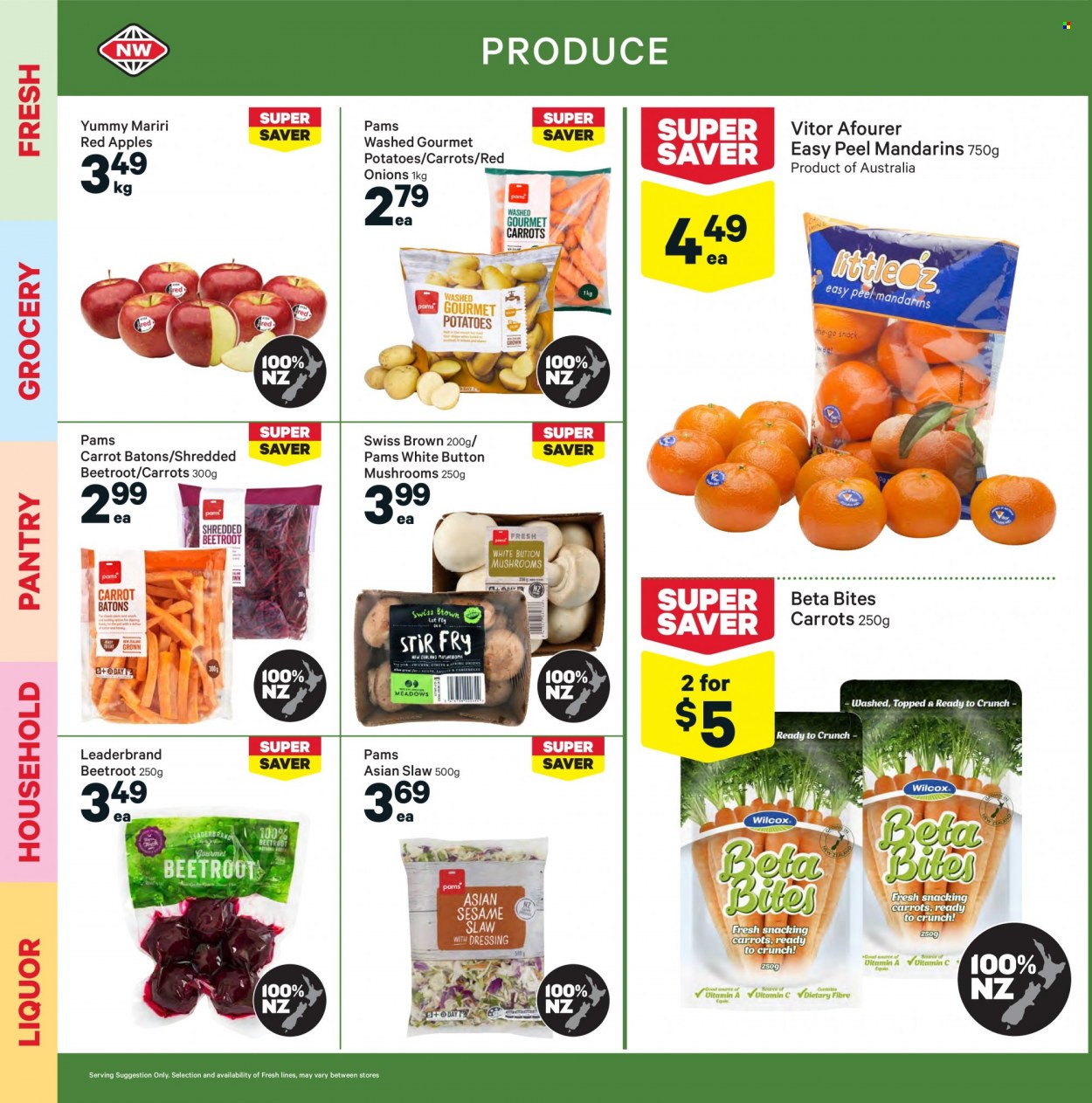 thumbnail - New World mailer - 27.09.2021 - 03.10.2021 - Sales products - mushrooms, red onions, potatoes, onion, beetroot, mandarines, apples, snack, liquor, BETA. Page 4.
