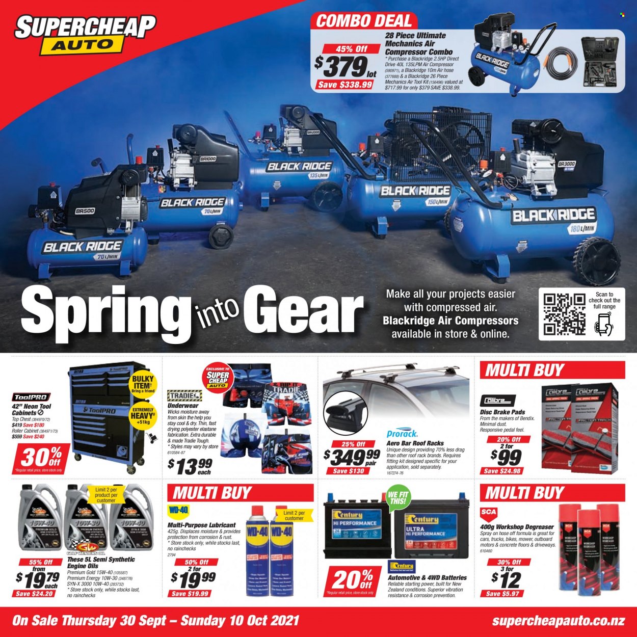 thumbnail - SuperCheap Auto mailer - 30.09.2021 - 10.10.2021 - Sales products - battery, tool set, air compressor, cabinet, lubricant, air hose, tool cabinets, brake pad, roof rack, car battery, automotive batteries, degreaser. Page 1.
