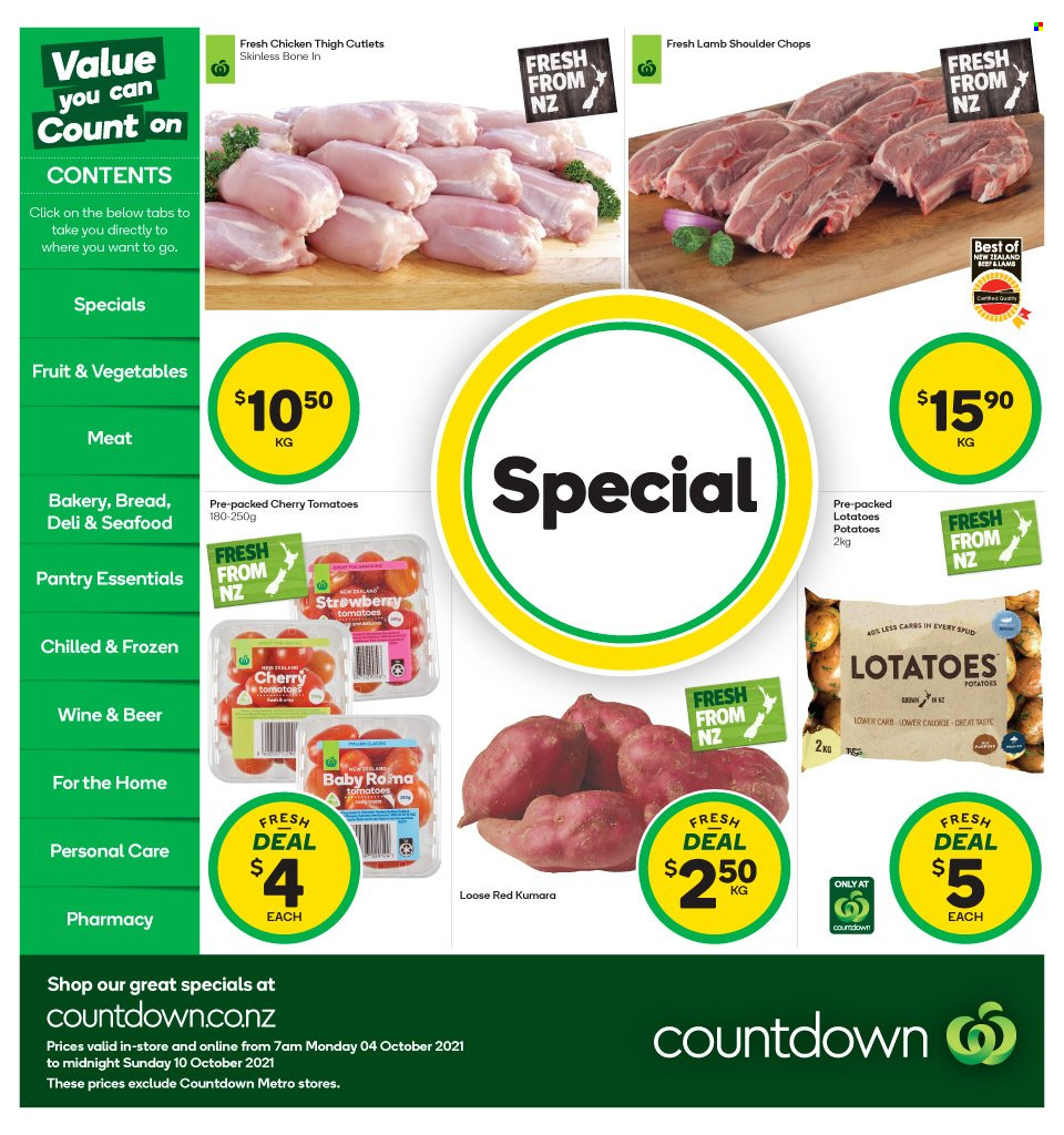 thumbnail - Countdown mailer - 04.10.2021 - 10.10.2021 - Sales products - tomatoes, potatoes, cherries, wine, beer, lamb meat, lamb shoulder. Page 1.