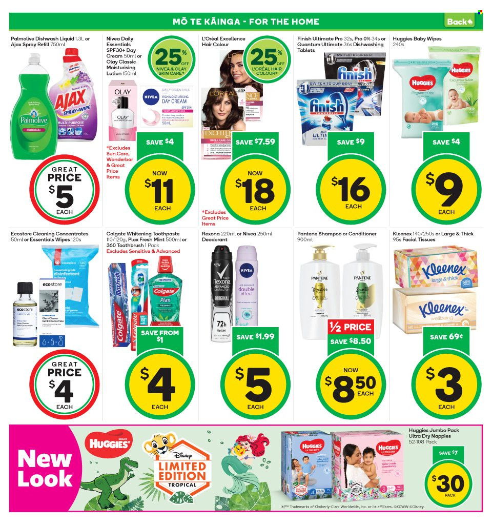 thumbnail - Countdown mailer - 04.10.2021 - 10.10.2021 - Sales products - switch, wipes, Huggies, baby wipes, nappies, Nivea, Kleenex, tissues, Ajax, dishwashing liquid, Finish Quantum Ultimate, shampoo, Palmolive, Colgate, toothbrush, toothpaste, Plax, day cream, facial tissues, L’Oréal, Olay, conditioner, Pantene, hair color, body lotion, anti-perspirant, Rexona, deodorant. Page 17.