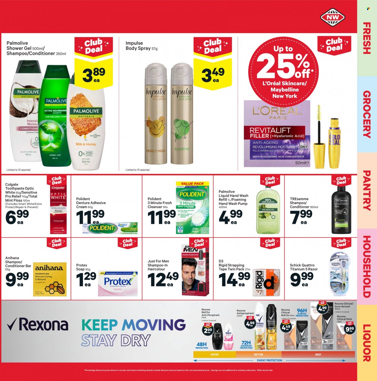 thumbnail - New World mailer - 04.10.2021 - 10.10.2021 - Sales products - liquor, Dove, shampoo, shower gel, hand wash, Palmolive, Protex, soap, Colgate, toothpaste, Polident, cleanser, L’Oréal, conditioner, TRESemmé, body spray, anti-perspirant, Rexona, roll-on, razor, Schick, vitamin D3, Maybelline. Page 25.