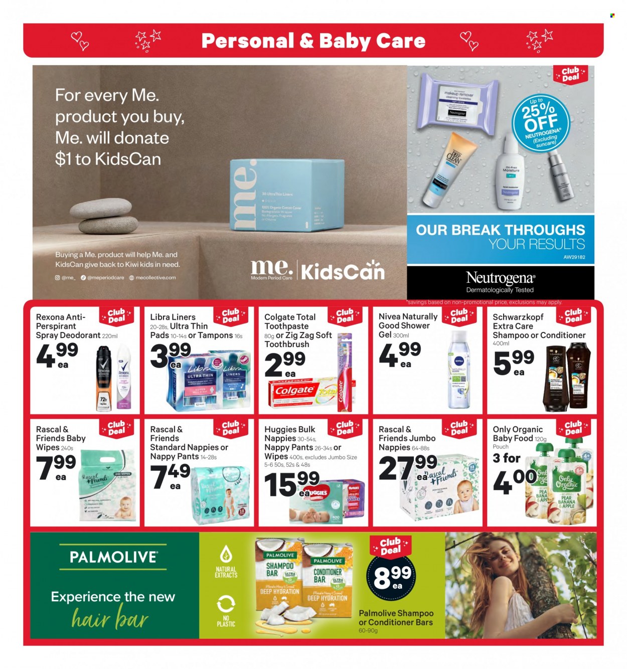 thumbnail - New World mailer - 04.10.2021 - 10.10.2021 - Sales products - kiwi, organic baby food, wipes, Huggies, pants, baby wipes, nappies, Nivea, shampoo, shower gel, Schwarzkopf, Palmolive, Colgate, toothbrush, toothpaste, tampons, conditioner, anti-perspirant, Rexona, deodorant. Page 12.
