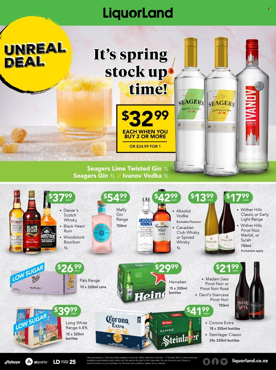thumbnail - Liquorland mailer - 04.10.2021 - 17.10.2021 - Sales products - red wine, wine, Merlot, Pinot Noir, Wither Hills, Syrah, rosé wine, bourbon, gin, rum, vodka, Absolut, whisky, beer, Corona Extra, Heineken, Steinlager. Page 1.