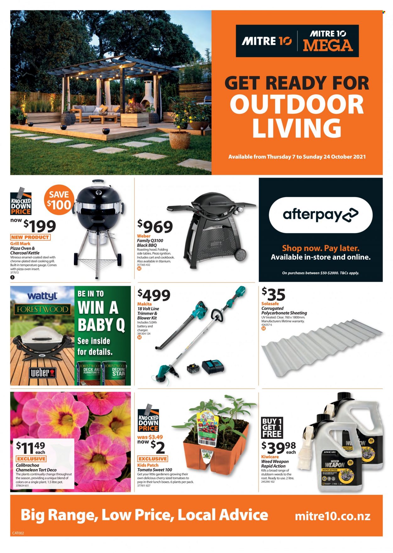 thumbnail - Mitre 10 mailer - 07.10.2021 - 24.10.2021 - Sales products - table, sheeting, Makita, blower, grill, Weber, pot. Page 1.