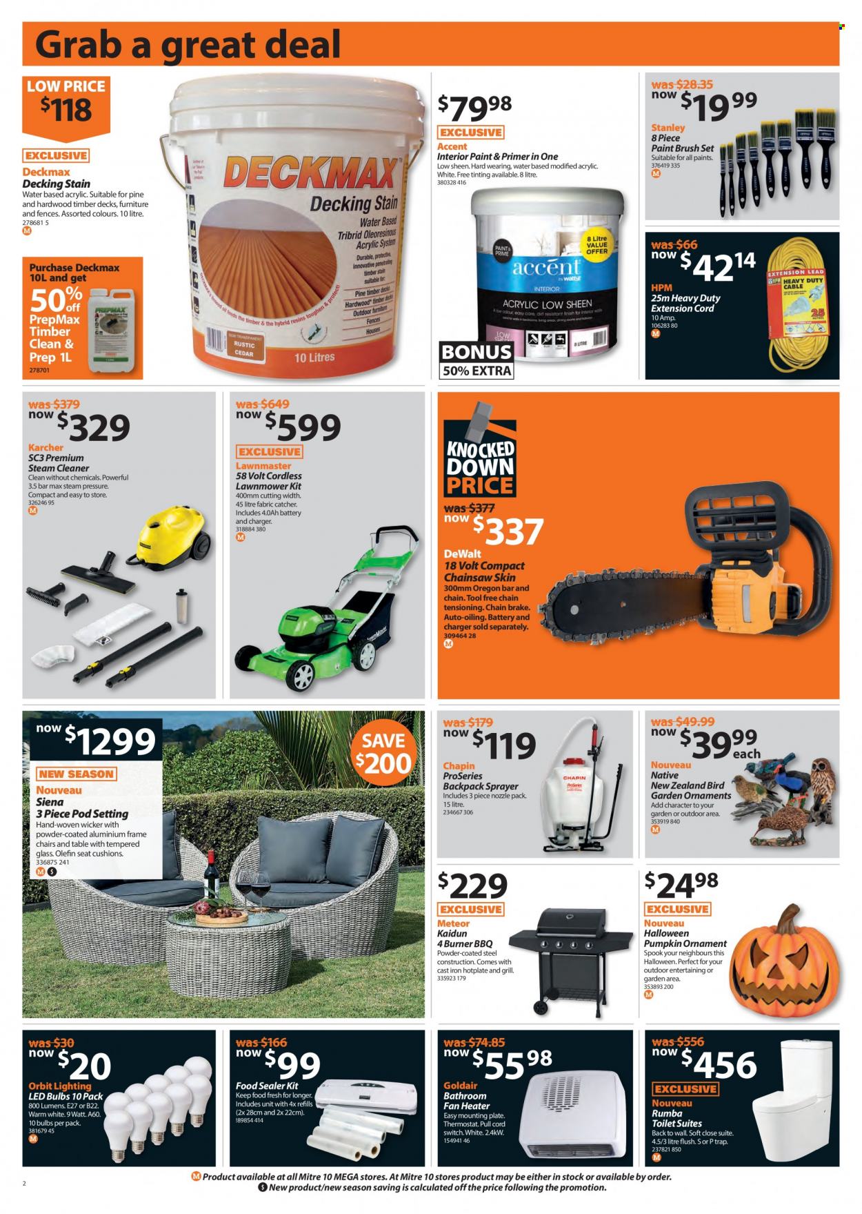 thumbnail - Mitre 10 mailer - 07.10.2021 - 24.10.2021 - Sales products - toilet, bulb, LED bulb, table, paint brush, brush set, Stanley, switch, heater, fan heater, aluminium frame, DeWALT, chain saw, lawn mower, extension cord, Kärcher, grill, sprayer, garden ornament, cleaner. Page 2.