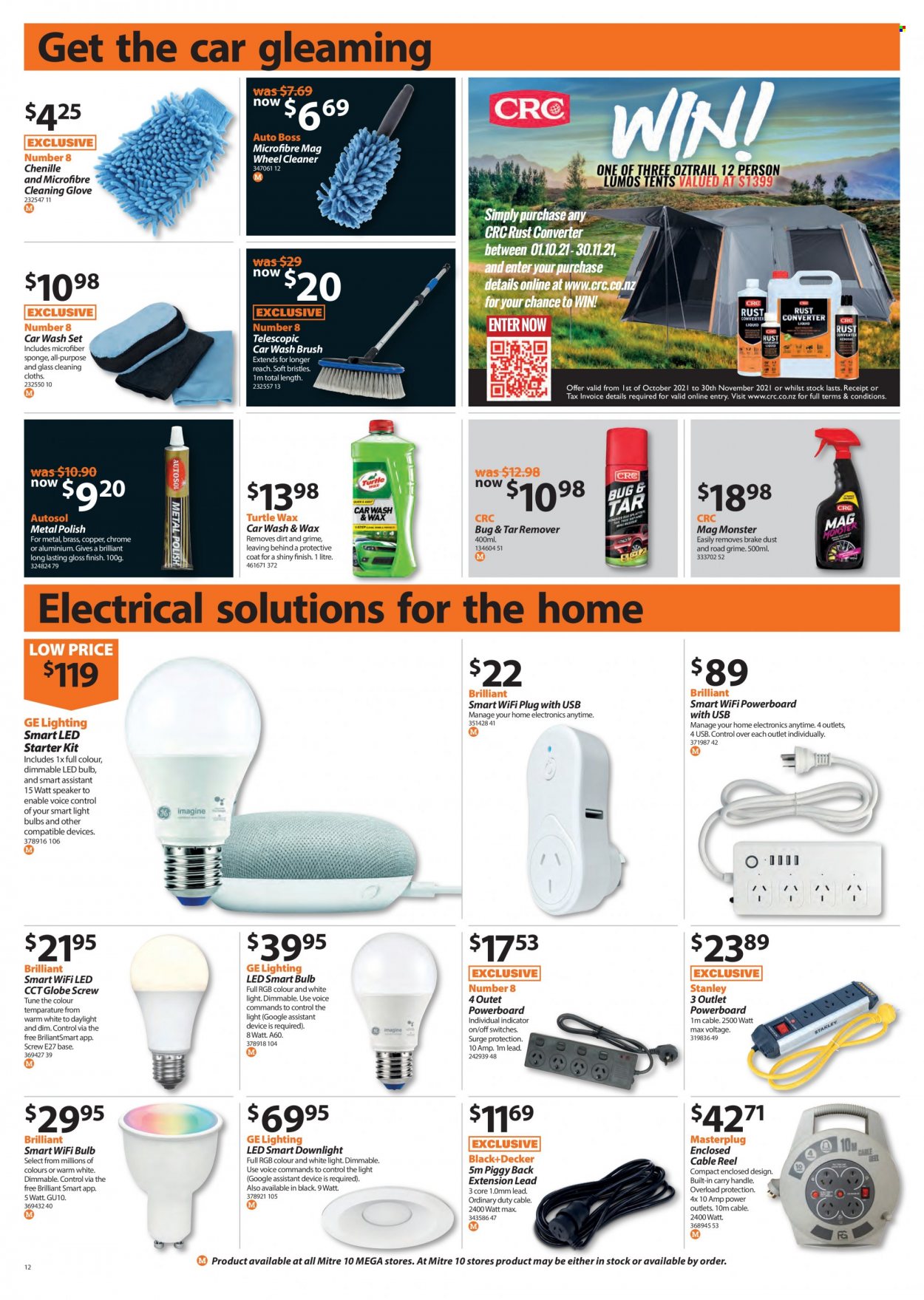 thumbnail - Mitre 10 mailer - 07.10.2021 - 24.10.2021 - Sales products - bulb, LED bulb, light bulb, polish, Stanley, surge, Black & Decker, extension lead, cleaner. Page 12.