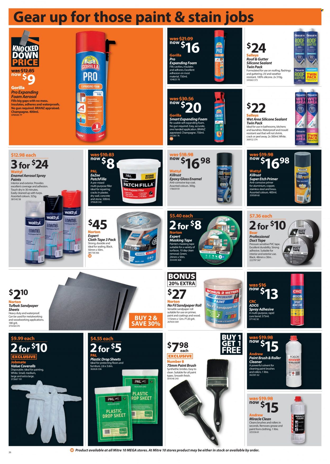 thumbnail - Mitre 10 mailer - 07.10.2021 - 24.10.2021 - Sales products - masking tape, gloss enamel, silicone sealants, paint brush, top coat, cleaner. Page 26.