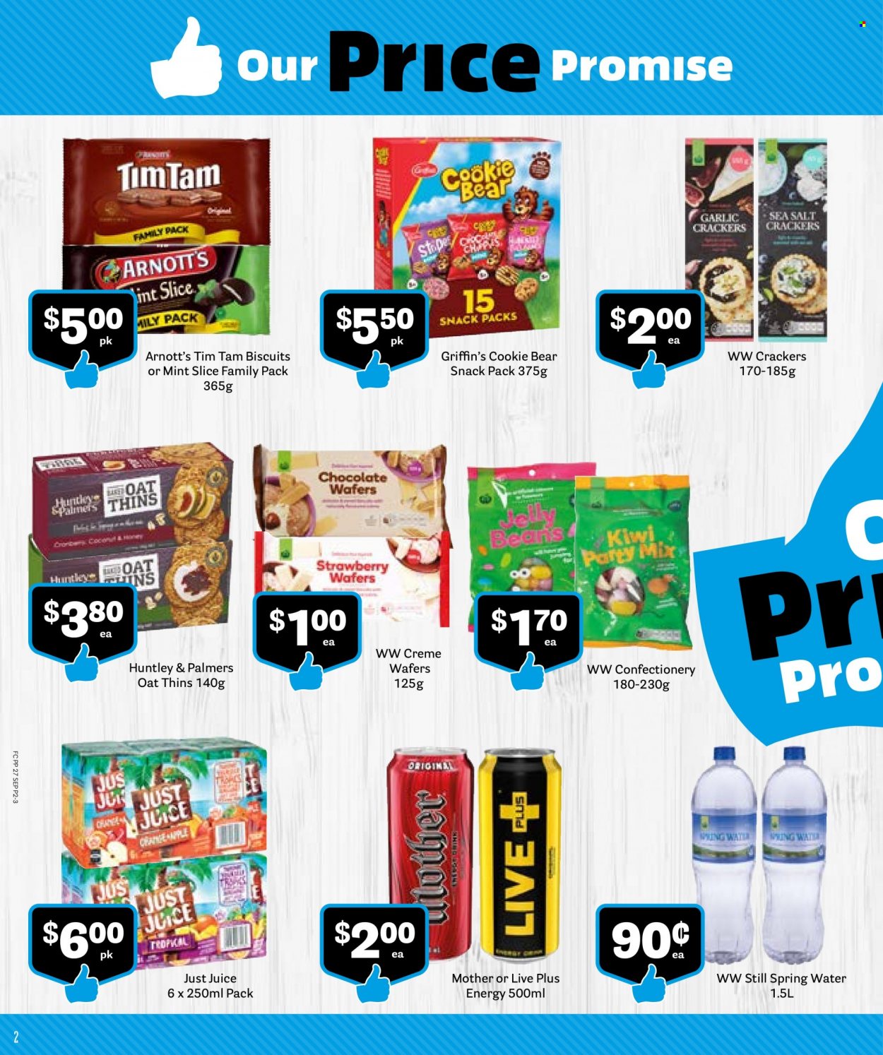 thumbnail - Fresh Choice mailer - 01.10.2021 - 31.10.2021 - Sales products - garlic, kiwi, wafers, chocolate wafer, chocolate, crackers, Tim Tam, biscuit, Griffin's, jelly beans, Thins, oats, juice, spring water. Page 2.