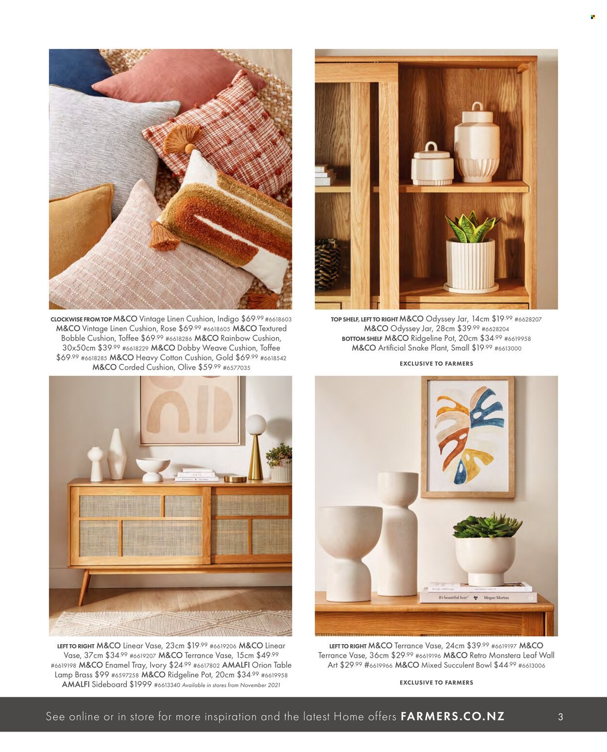 thumbnail - Farmers mailer - Sales products - tray, pot, bowl, jar, cushion, linens, sideboard, shelves. Page 3.