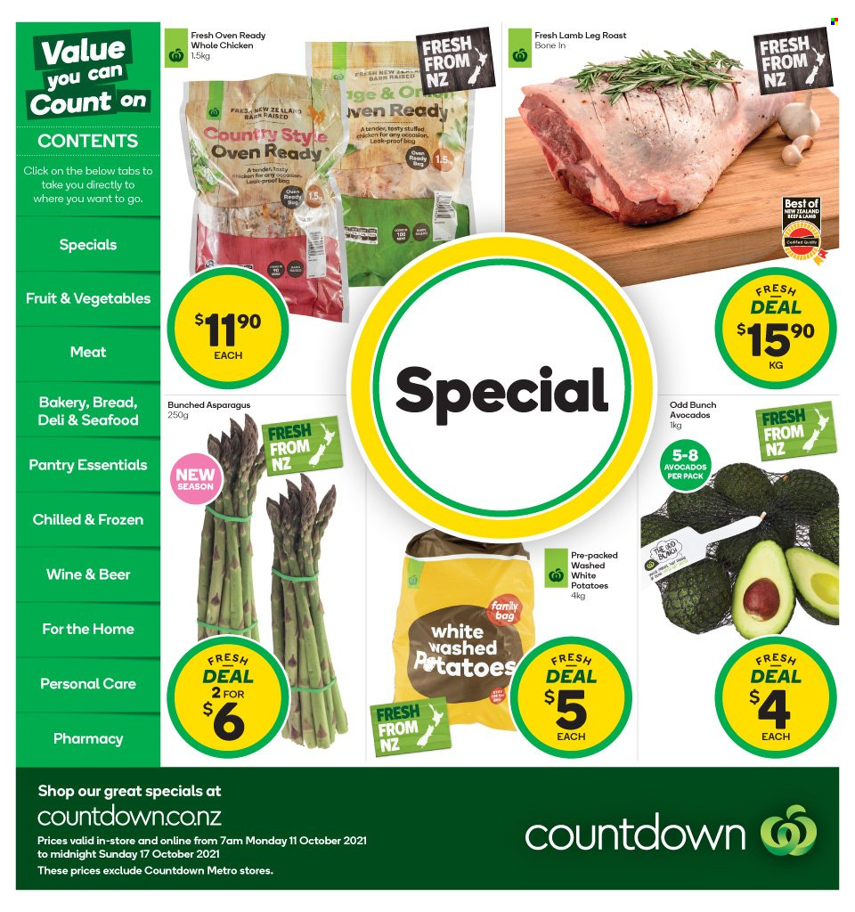 thumbnail - Countdown mailer - 11.10.2021 - 17.10.2021 - Sales products - asparagus, potatoes, avocado, white wine, wine, beer, whole chicken, lamb meat, lamb leg. Page 1.