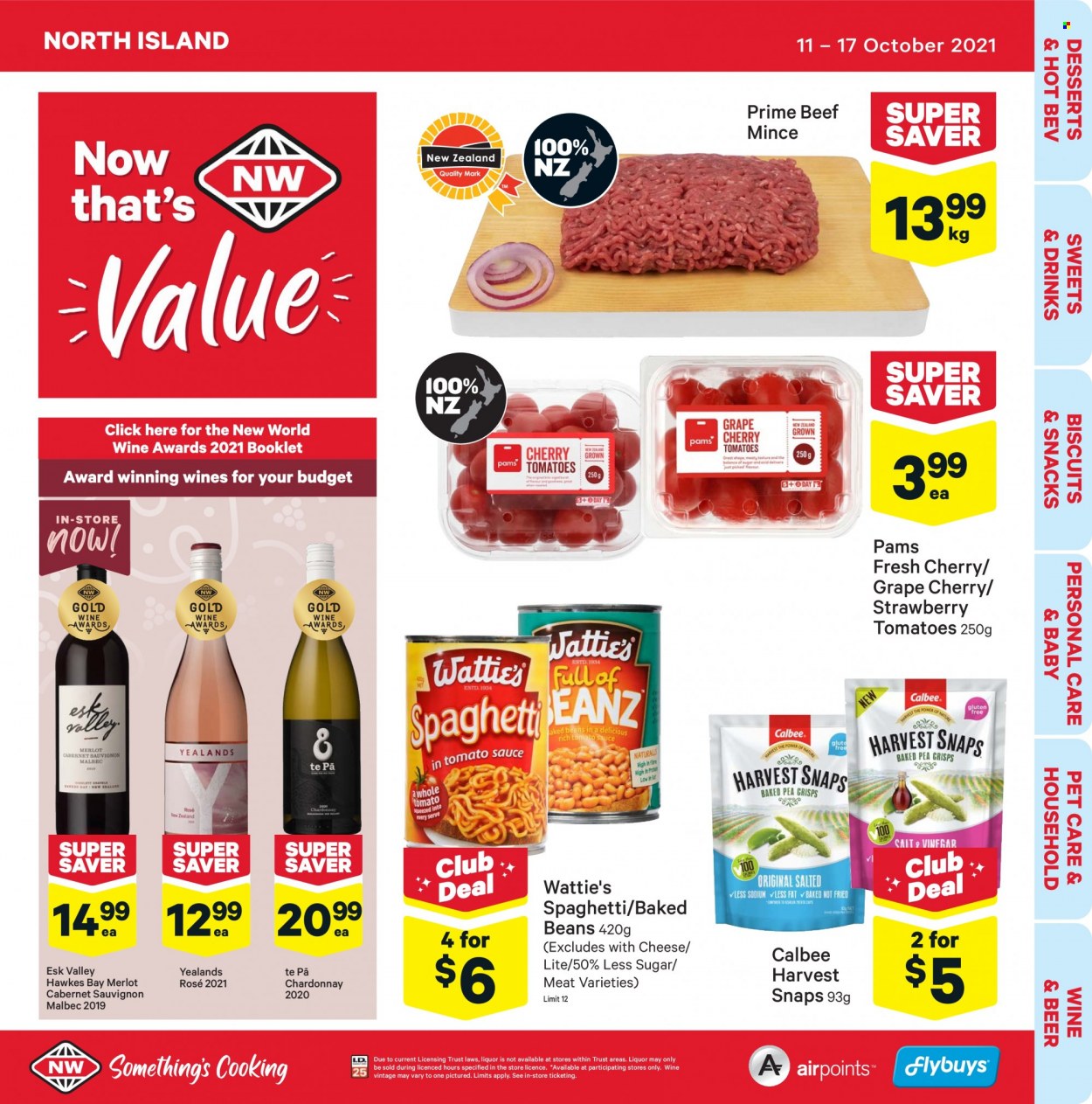 thumbnail - New World mailer - 11.10.2021 - 17.10.2021 - Sales products - beans, tomatoes, cherries, spaghetti, Wattie's, cheese, snack, biscuit, Harvest Snaps, baked beans, Cabernet Sauvignon, red wine, white wine, Chardonnay, wine, Merlot, rosé wine, beer, beef meat, ground beef. Page 1.