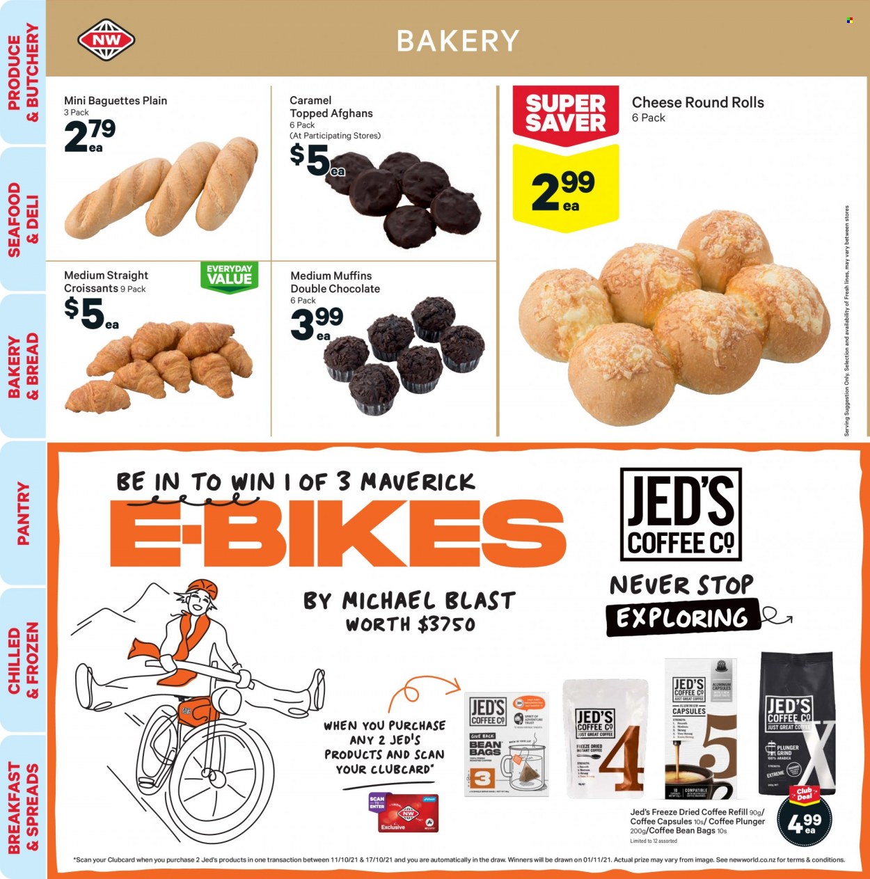 thumbnail - New World mailer - 11.10.2021 - 17.10.2021 - Sales products - baguette, bread, muffin, seafood, cheese, chocolate, caramel, coffee, coffee capsules, bag. Page 10.