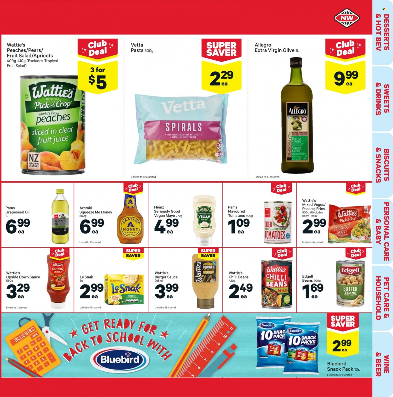 thumbnail - New World mailer - 11.10.2021 - 17.10.2021 - Sales products - beans, tomatoes, peas, salad, pears, apricots, peaches, pasta, sauce, Wattie's, mayonnaise, potato fries, biscuit, Bluebird, Le Snak, Heinz, fruit salad, extra virgin olive oil, oil, grape seed oil, honey, beer. Page 11.
