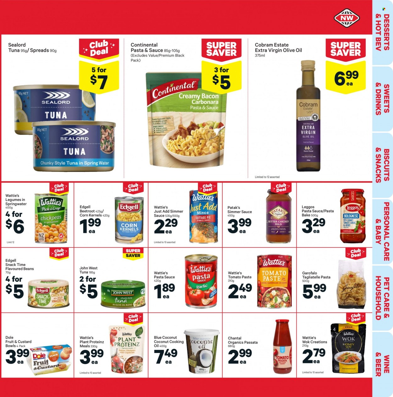 thumbnail - New World mailer - 11.10.2021 - 17.10.2021 - Sales products - beans, corn, Dole, coconut, tuna, Sealord, pasta sauce, Wattie's, Continental, snack, biscuit, tomato paste, sealord tuna, extra virgin olive oil, olive oil, oil, beer, wok. Page 13.