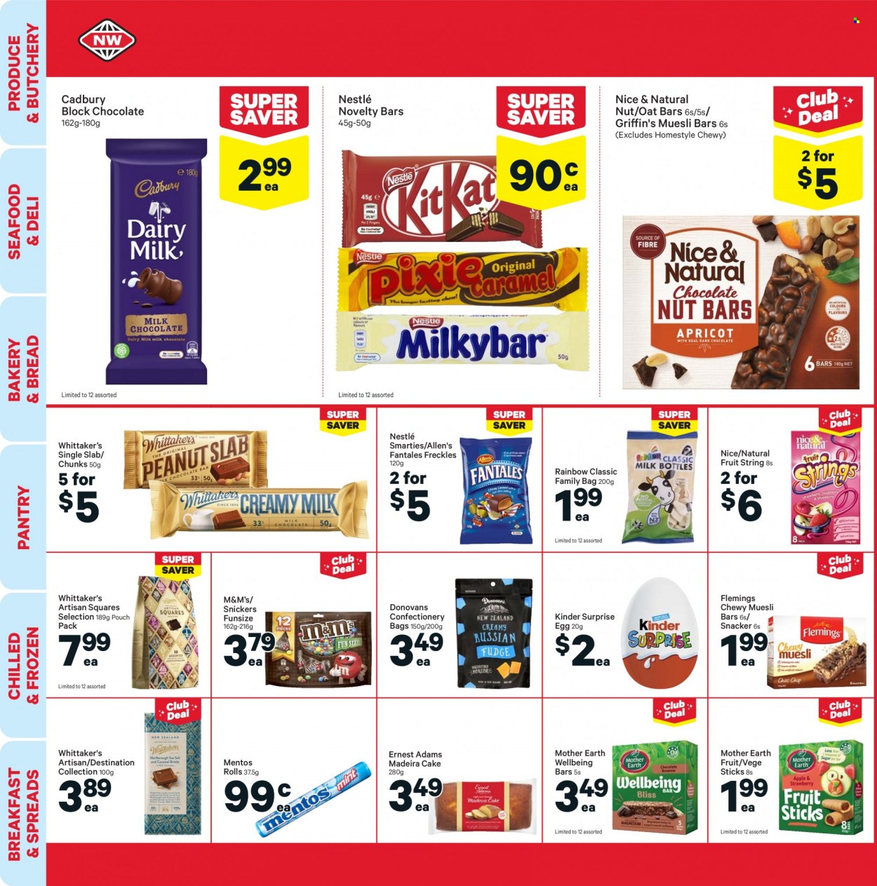 thumbnail - New World mailer - 11.10.2021 - 17.10.2021 - Sales products - bread, cake, madeira cake, seafood, eggs, Nestlé, chocolate, Mentos, Snickers, M&M's, Smarties, Kinder Surprise, Cadbury, Griffin's, Mother Earth, Whittaker's, Artisan Squares Selection, Donovans, muesli bar, muesli. Page 20.