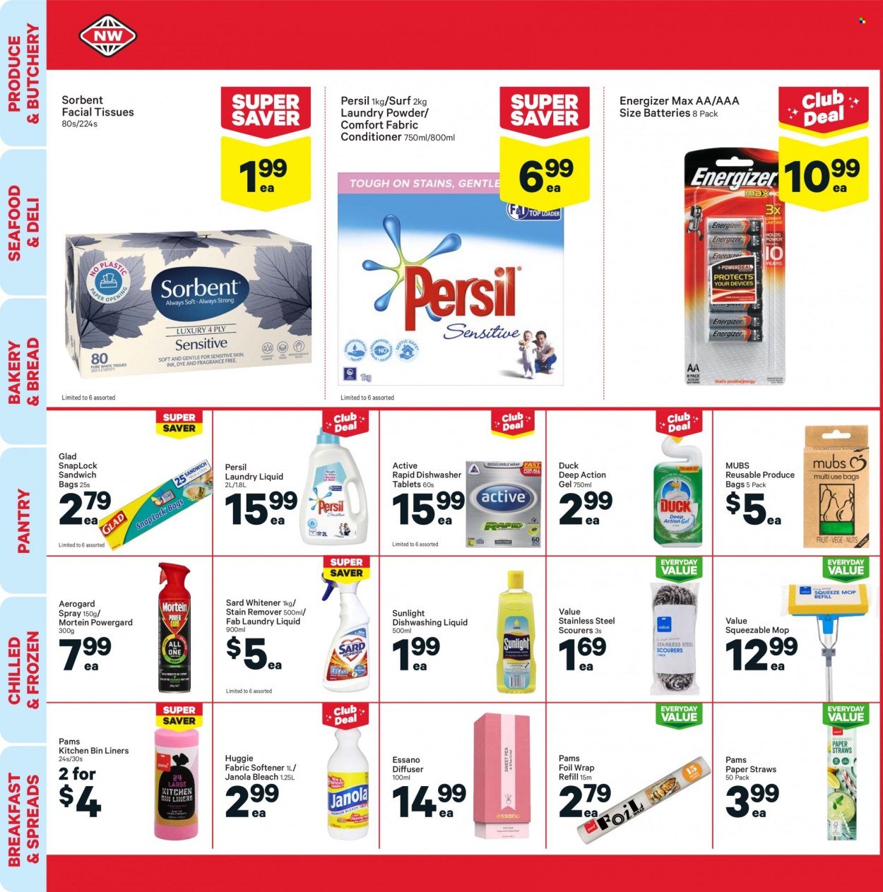 thumbnail - New World mailer - 11.10.2021 - 17.10.2021 - Sales products - bread, seafood, tissues, bleach, stain remover, Mortein, Persil, fabric softener, Fab, laundry detergent, laundry powder, Sunlight, Surf, Comfort softener, dishwashing liquid, dishwasher cleaner, dishwasher tablets, facial tissues, Essano, bag, bin, mop, straw, paper, diffuser, battery, Energizer. Page 26.