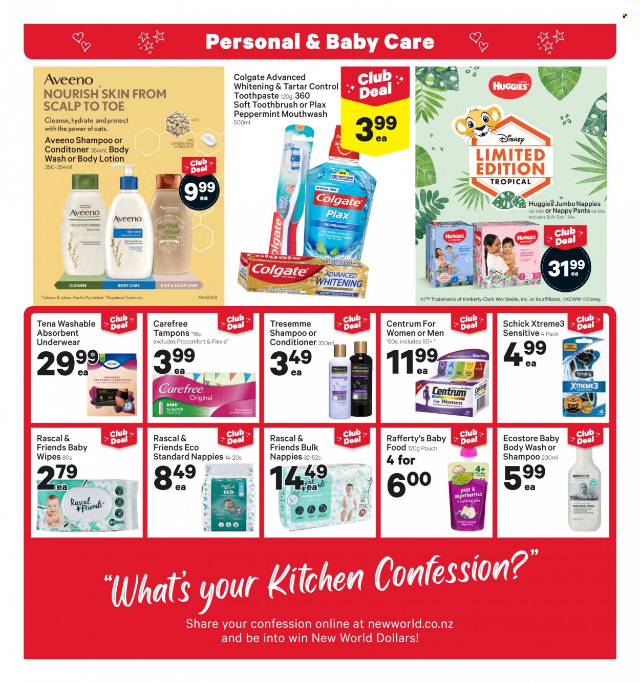 thumbnail - New World mailer - 11.10.2021 - 17.10.2021 - Sales products - Disney, wipes, Huggies, pants, baby wipes, nappies, Johnson's, Aveeno, body wash, shampoo, Colgate, toothbrush, toothpaste, mouthwash, Plax, Carefree, tampons, conditioner, TRESemmé, body lotion, Schick, Centrum. Page 13.