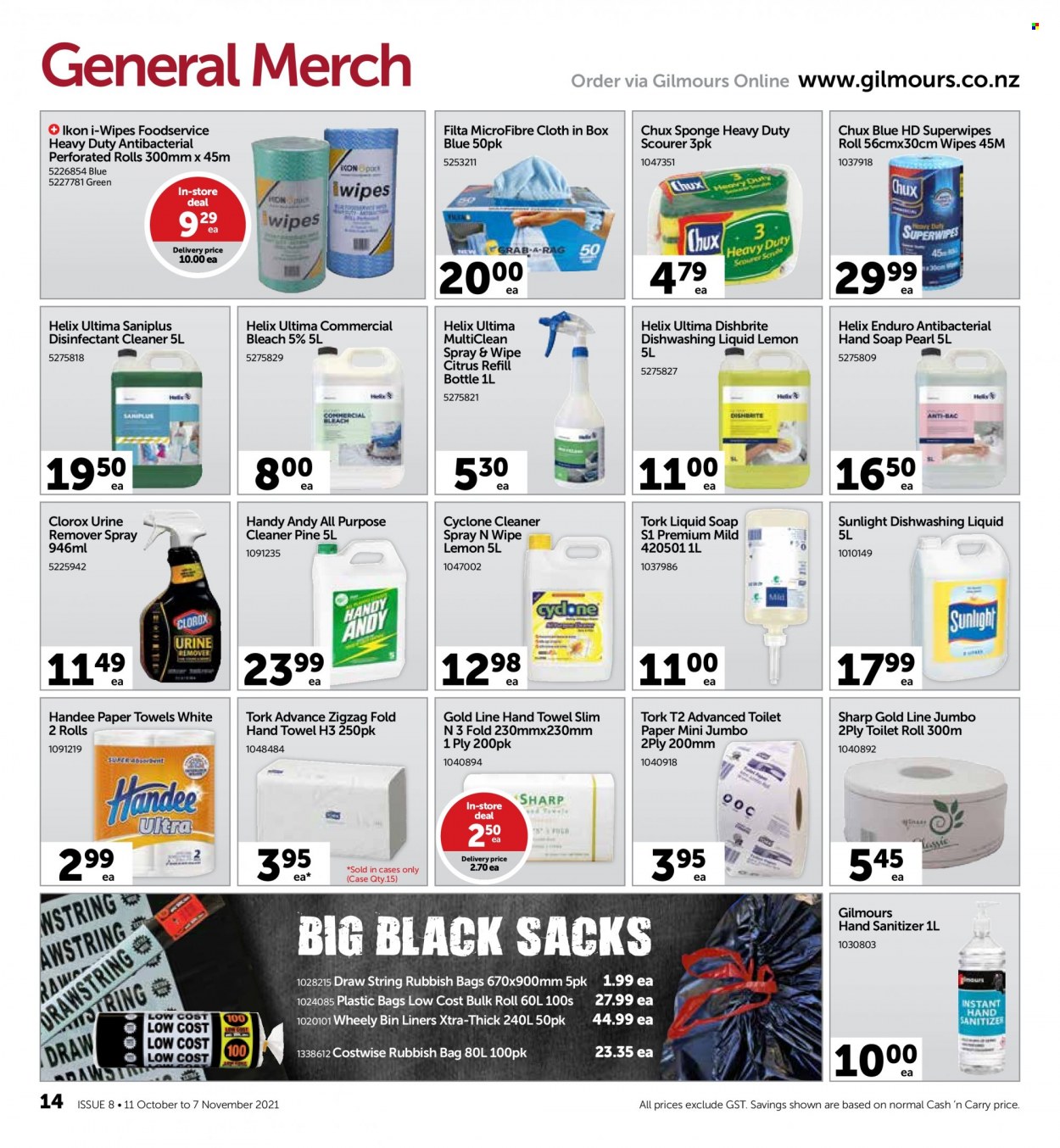 thumbnail - Gilmours mailer - 11.10.2021 - 07.11.2021 - Sales products - wipes, toilet paper, Handee, kitchen towels, paper towels, cleaner, bleach, desinfection, all purpose cleaner, Clorox, Sunlight, XTRA, dishwashing liquid, scourer. Page 14.