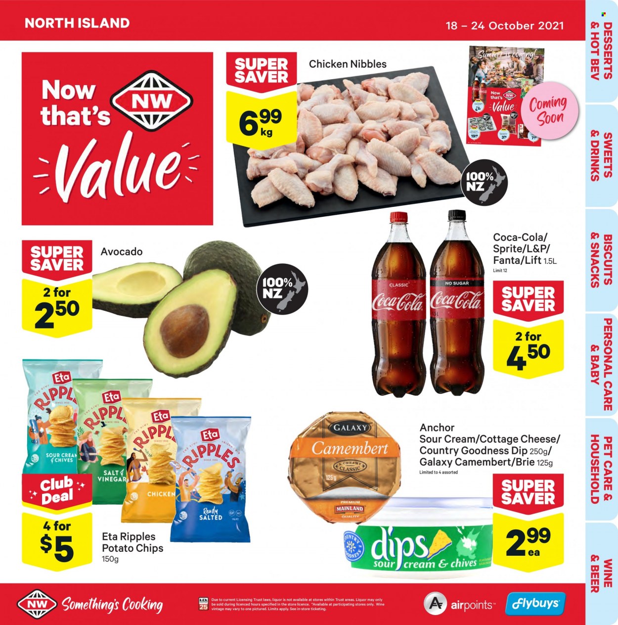 thumbnail - New World mailer - 18.10.2021 - 24.10.2021 - Sales products - avocado, oysters, camembert, cottage cheese, cheese, brie, Anchor, sour cream, dip, snack, biscuit, potato chips, chips, Coca-Cola, Sprite, Fanta, L&P, wine, beer. Page 1.