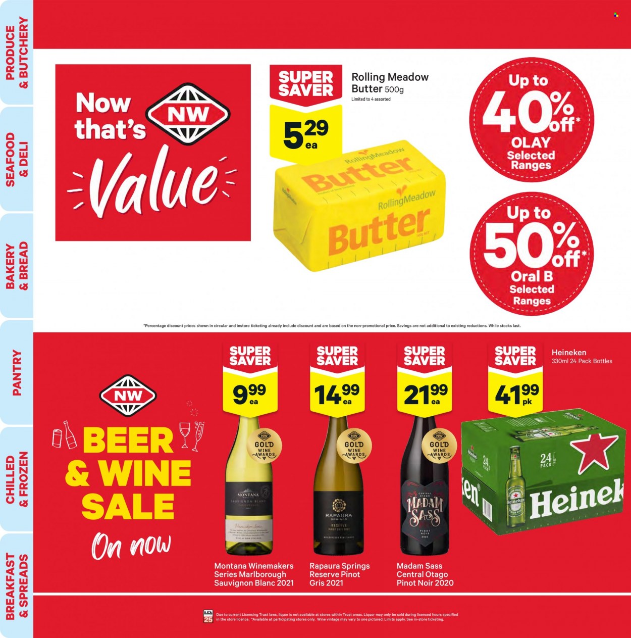 thumbnail - New World mailer - 18.10.2021 - 24.10.2021 - Sales products - bread, seafood, butter, red wine, white wine, wine, Pinot Noir, Pinot Grigio, Sauvignon Blanc, beer, Heineken. Page 2.