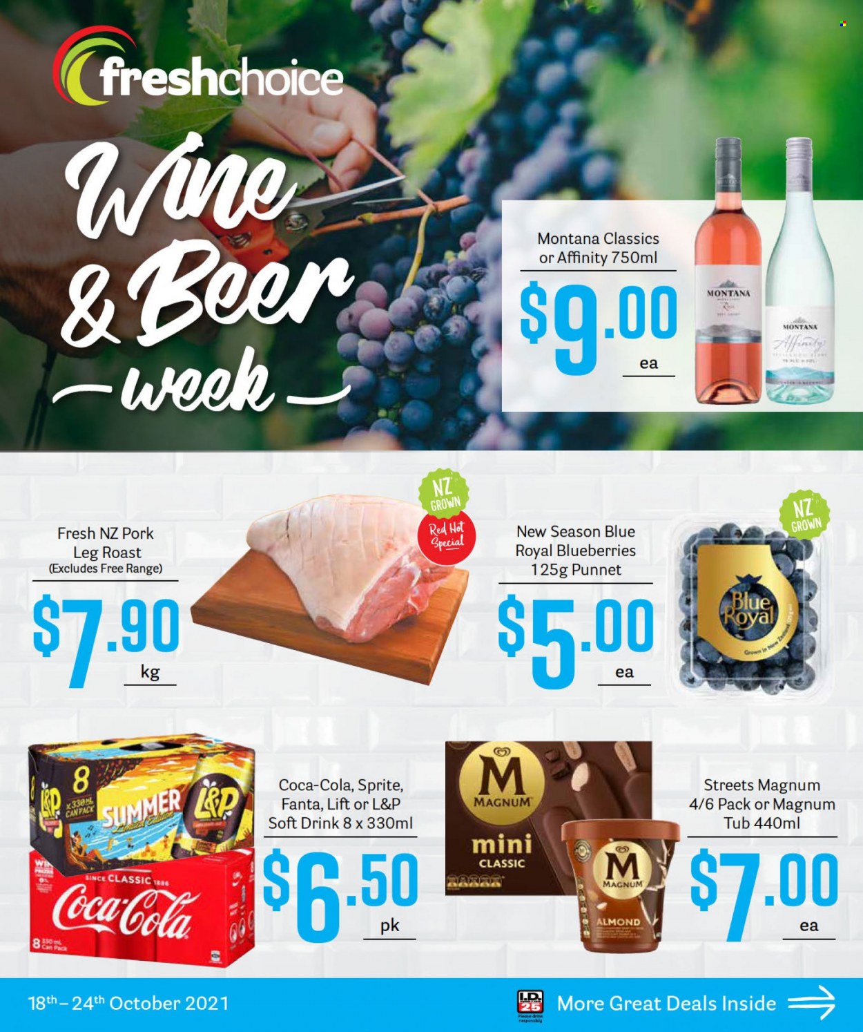 thumbnail - Fresh Choice mailer - 18.10.2021 - 24.10.2021 - Sales products - blueberries, Magnum, Coca-Cola, Sprite, Fanta, soft drink, L&P, wine, beer. Page 1.