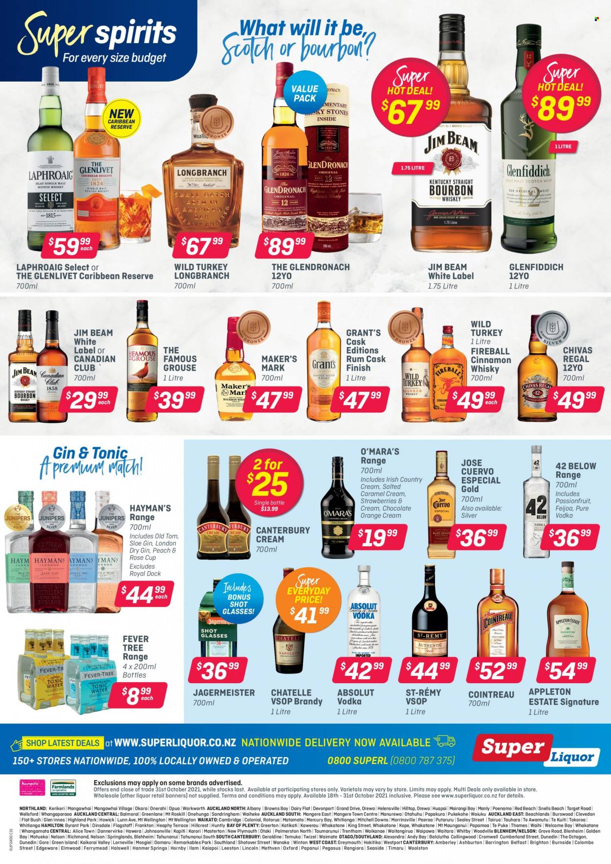 thumbnail - Super Liquor mailer - 18.10.2021 - 31.10.2021 - Sales products - wine, rosé wine, bourbon, brandy, rum, vodka, liquor, Grant's, Absolut, Jägermeister, Chivas Regal, Cointreau, Glenfiddich, The Famous Grouse, gin & tonic, Jim Beam, cinnamon whisky, whisky. Page 12.