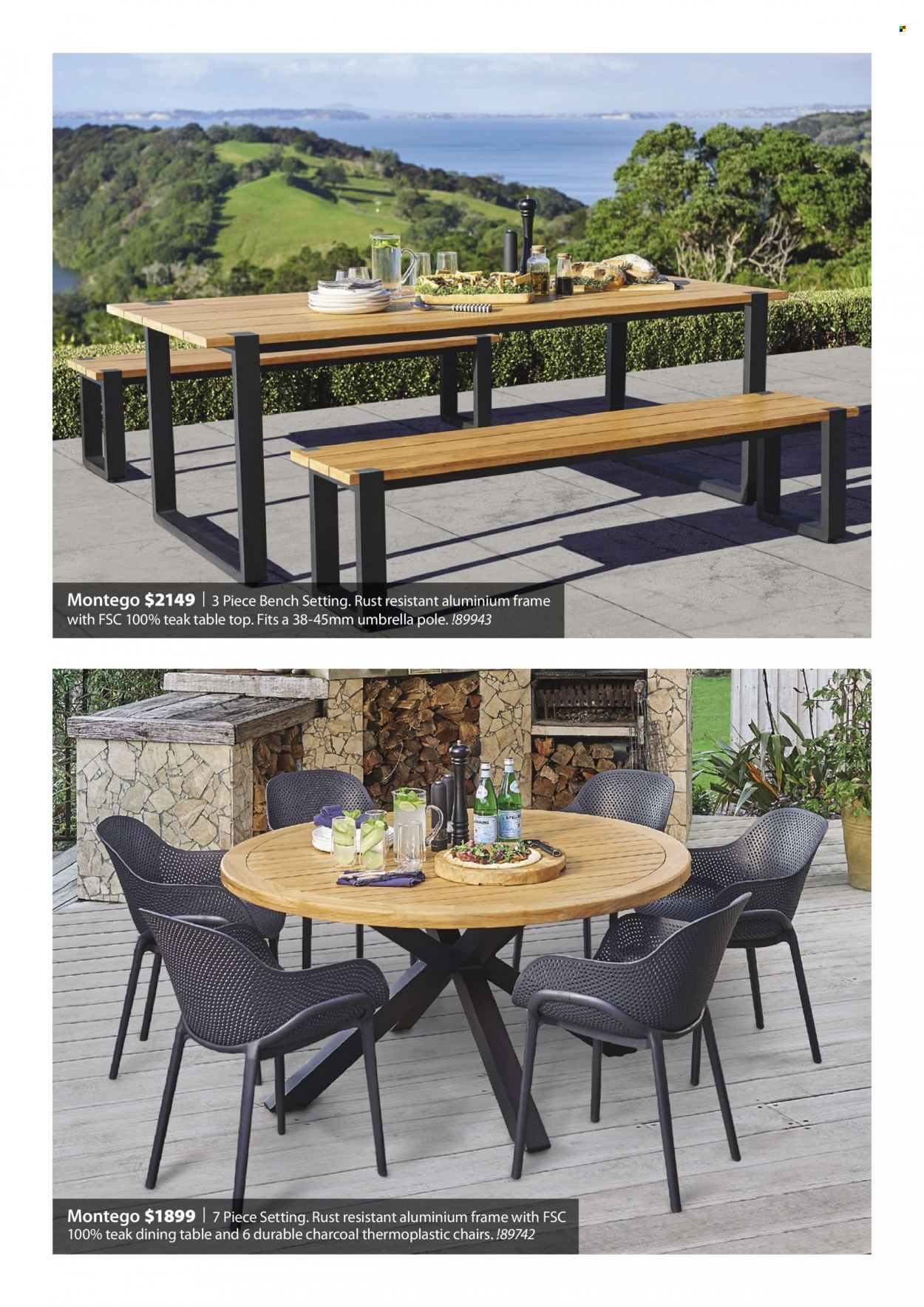 thumbnail - Mitre 10 mailer - Sales products - table, bench, charcoal, aluminium frame, umbrella. Page 5.