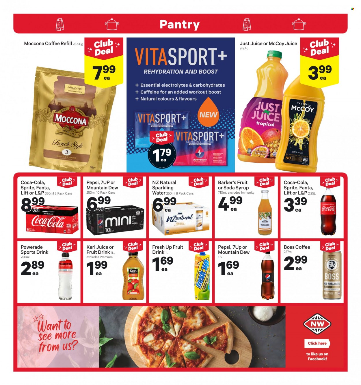 thumbnail - New World mailer - 25.10.2021 - 31.10.2021 - Sales products - oranges, syrup, Coca-Cola, Mountain Dew, Sprite, Powerade, Pepsi, juice, fruit juice, Fanta, fruit drink, 7UP, L&P, soda, sparkling water, Boost, Moccona, Keri. Page 14.