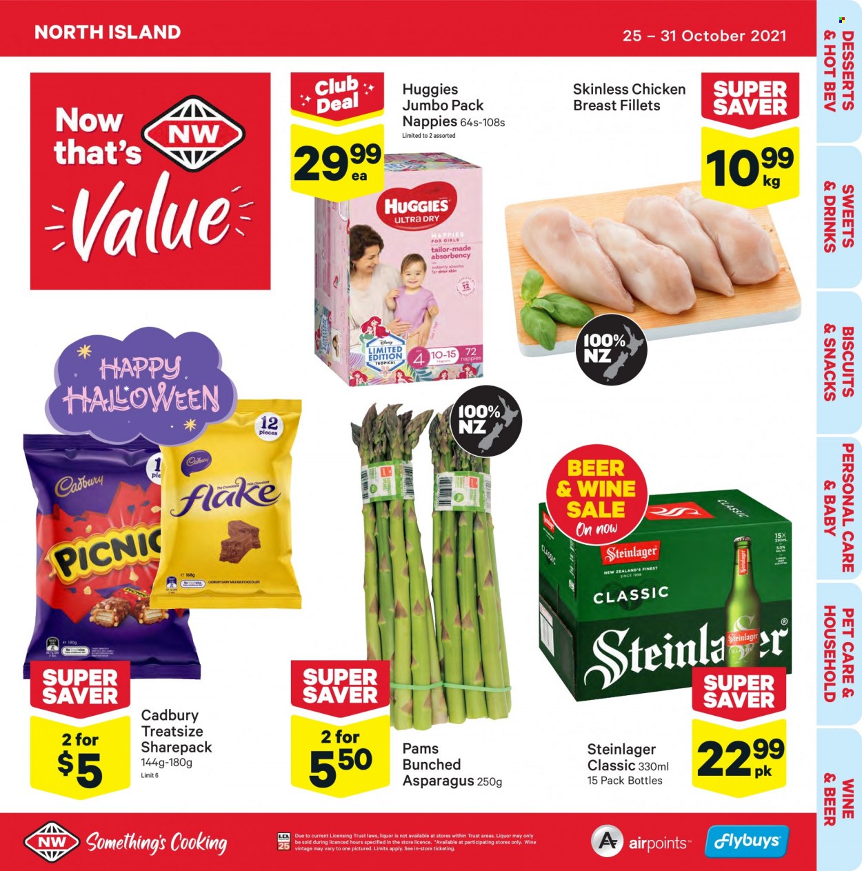 thumbnail - New World mailer - 25.10.2021 - 31.10.2021 - Sales products - pie, asparagus, biscuit, Cadbury, wine, beer, Steinlager, chicken breasts, Huggies, nappies. Page 1.