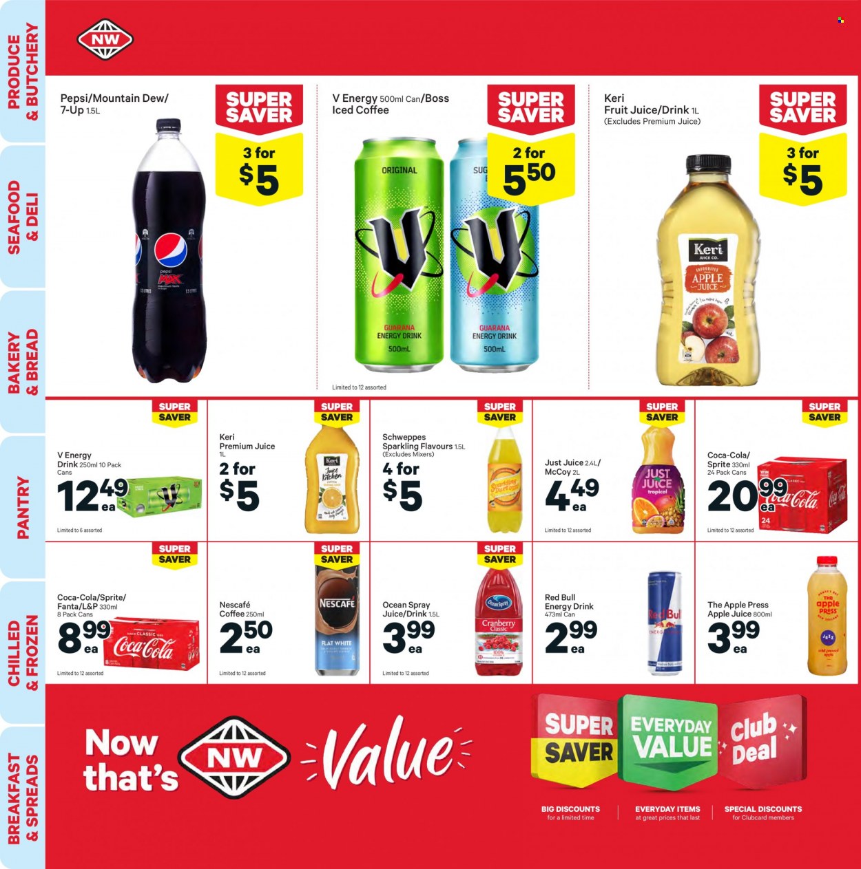 thumbnail - New World mailer - 25.10.2021 - 31.10.2021 - Sales products - bread, seafood, apple juice, Coca-Cola, Mountain Dew, Schweppes, Sprite, Pepsi, juice, fruit juice, energy drink, Fanta, 7UP, Red Bull, L&P, iced coffee, Nescafé, Keri. Page 20.