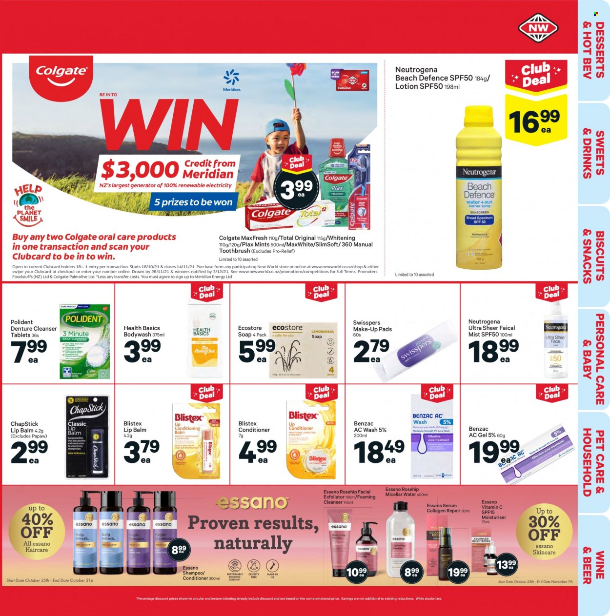 thumbnail - New World mailer - 25.10.2021 - 31.10.2021 - Sales products - snack, biscuit, wine, beer, shampoo, Palmolive, soap, Colgate, toothbrush, Plax, Polident, cleanser, lip balm, micellar water, Neutrogena, serum, conditioner, Essano, body lotion, makeup. Page 25.