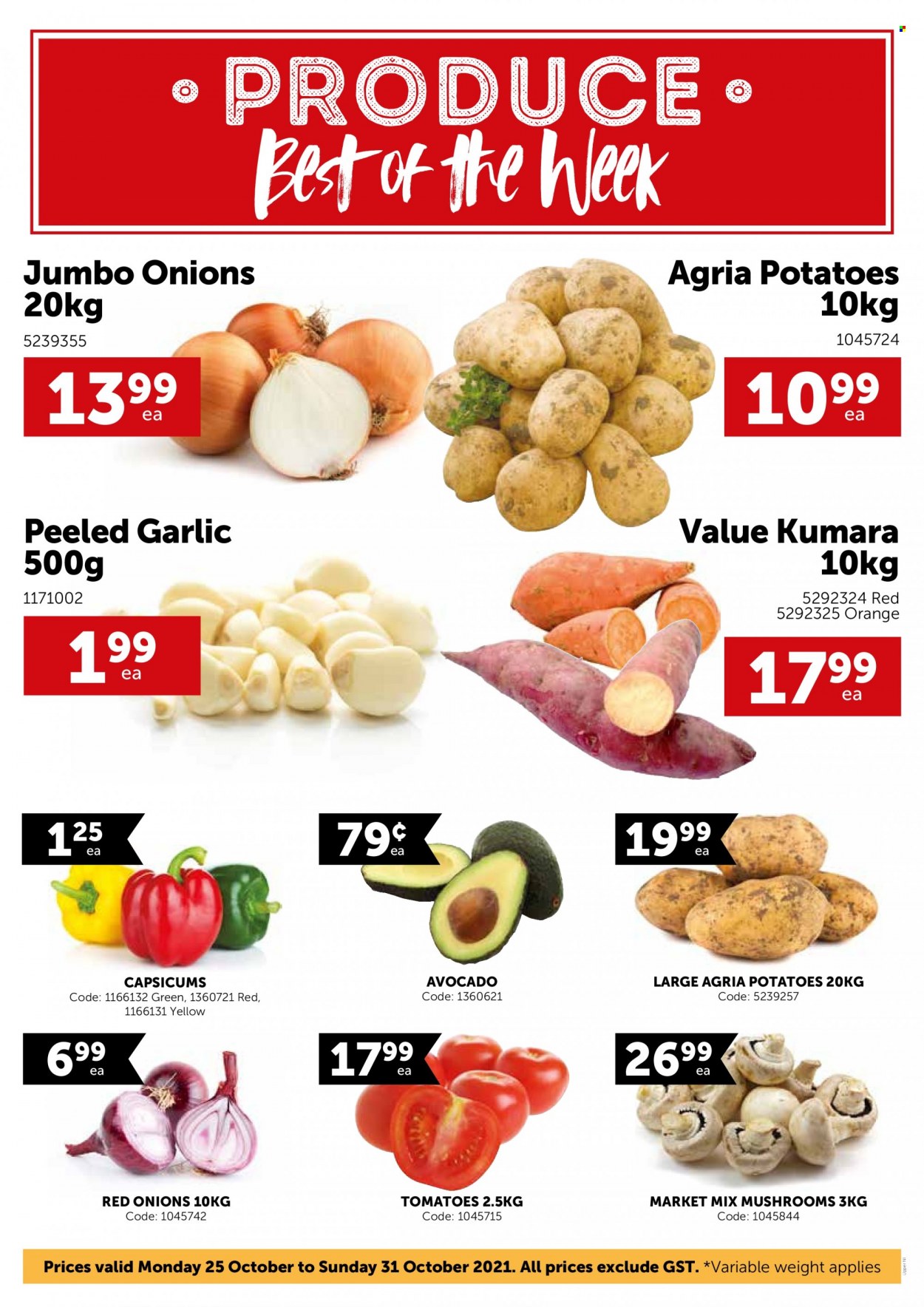thumbnail - Gilmours mailer - 25.10.2021 - 31.10.2021 - Sales products - mushrooms, garlic, red onions, tomatoes, potatoes, onion, capsicum, avocado, oranges. Page 1.
