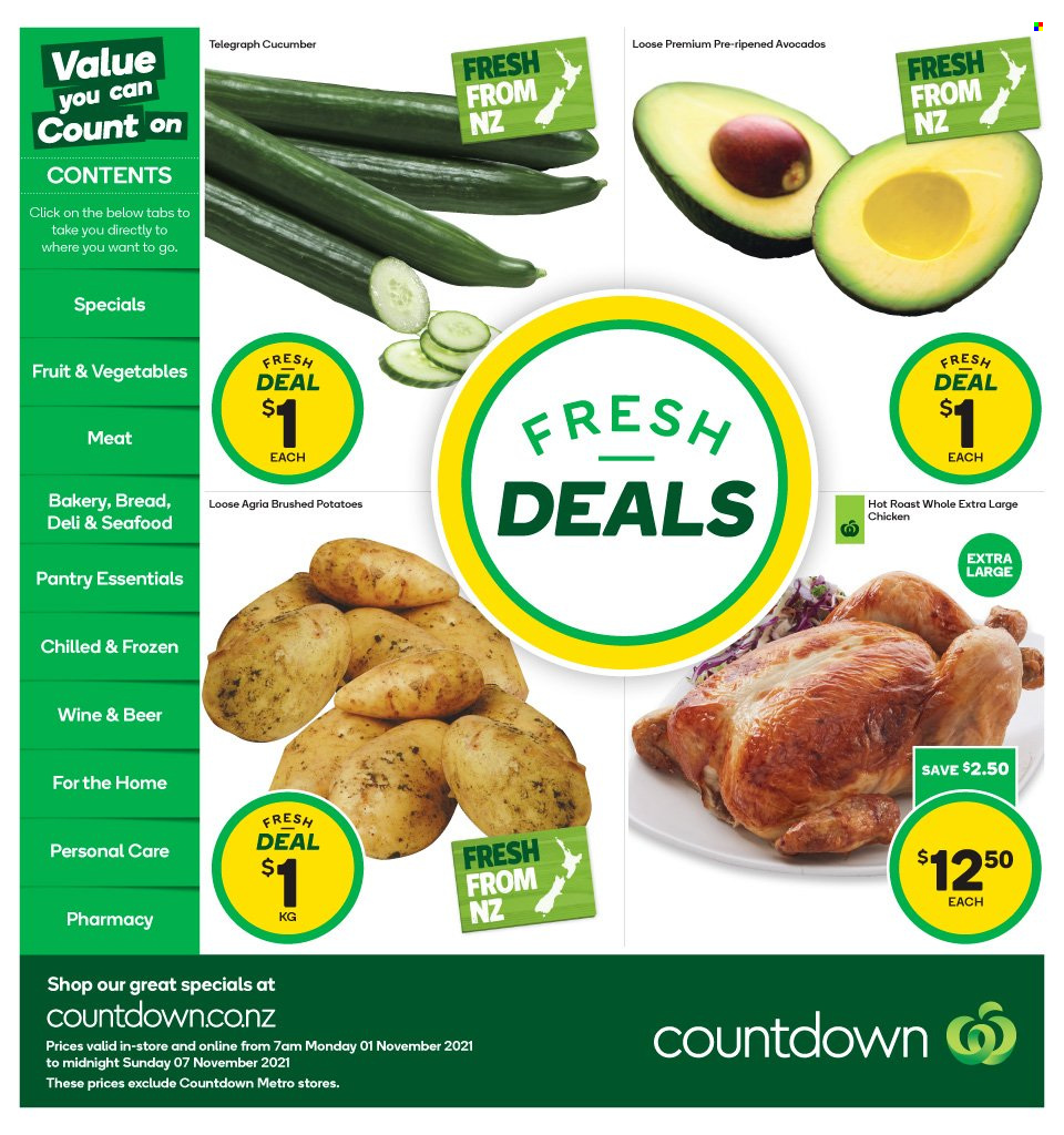 thumbnail - Countdown mailer - 01.11.2021 - 07.11.2021 - Sales products - potatoes, avocado, wine, beer. Page 1.