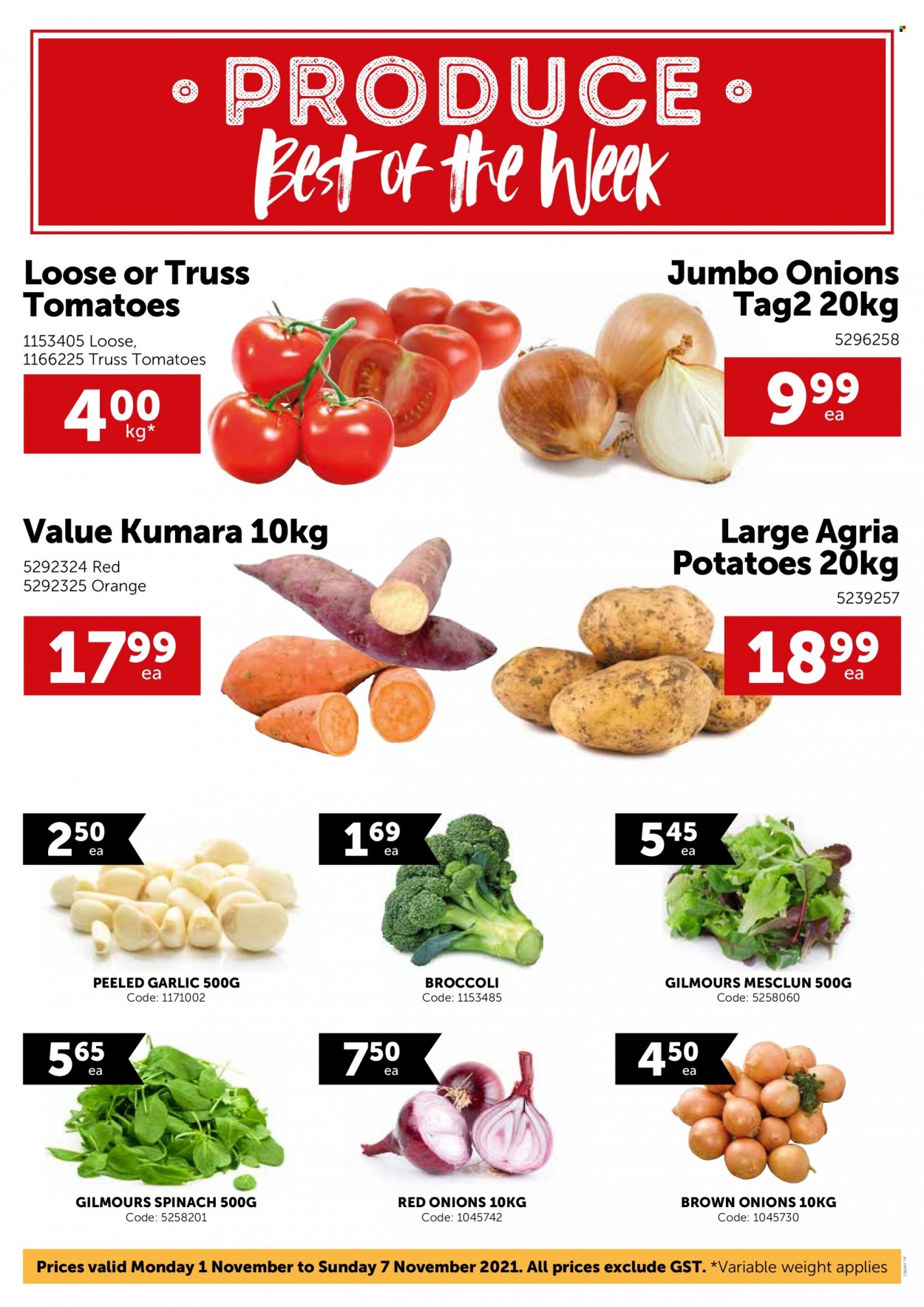 thumbnail - Gilmours mailer - 01.11.2021 - 07.11.2021 - Sales products - broccoli, garlic, red onions, spinach, tomatoes, potatoes, onion, mesclun, oranges. Page 1.