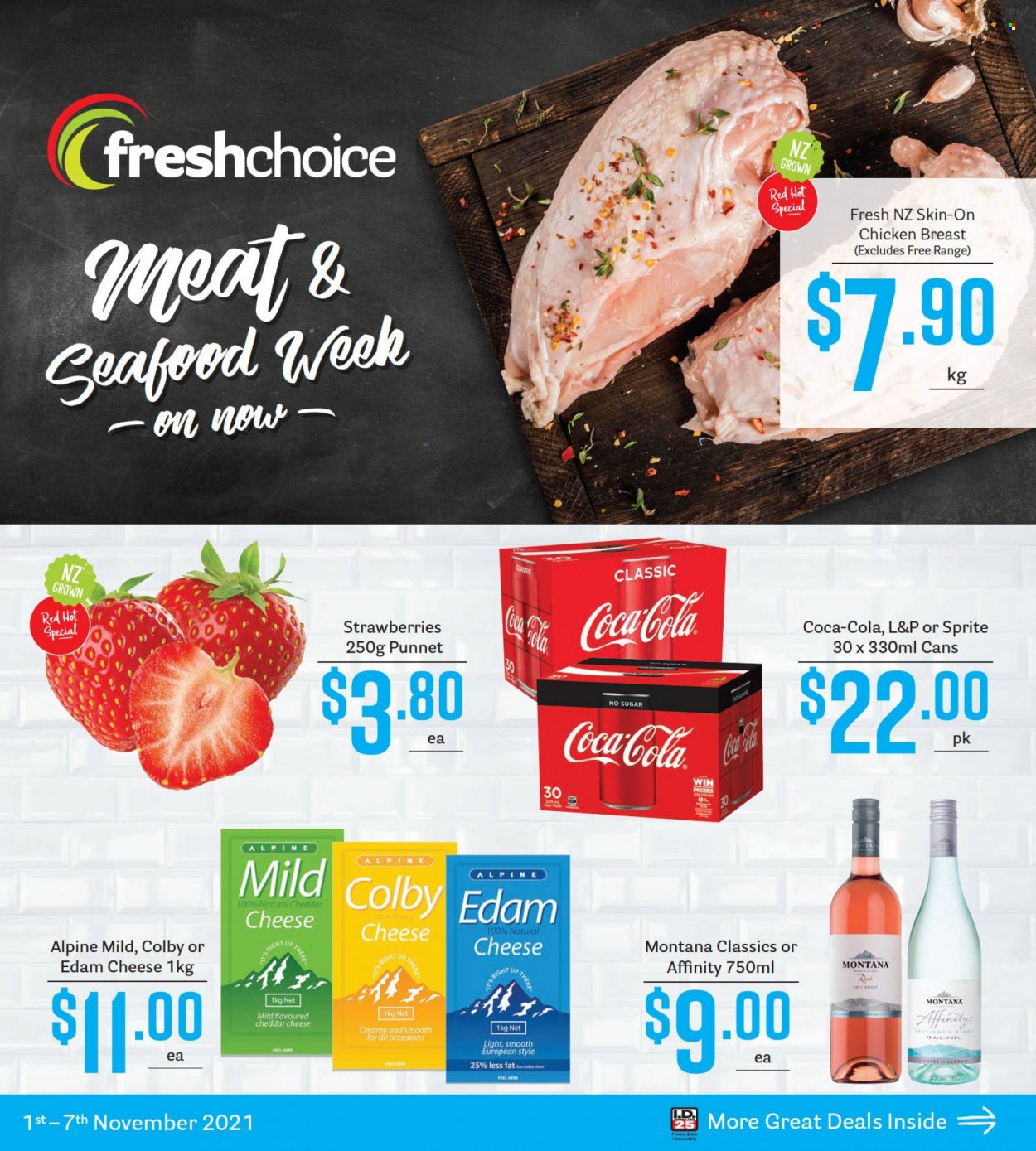 thumbnail - Fresh Choice mailer - 01.11.2021 - 07.11.2021 - Sales products - strawberries, seafood, Colby cheese, edam cheese, cheddar, cheese, Coca-Cola, Sprite, L&P, chicken breasts. Page 1.