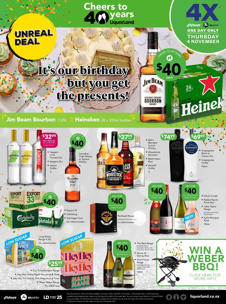 thumbnail - Liquorland mailer - 01.11.2021 - 14.11.2021 - Sales products - rabbit, tonic, soda, Cuvée, Rabbit Ranch, Sauvignon Blanc, rosé wine, bourbon, gin, rum, vodka, whiskey, Jim Beam, whisky, beer, Heineken, Carlsberg, Steinlager. Page 1.