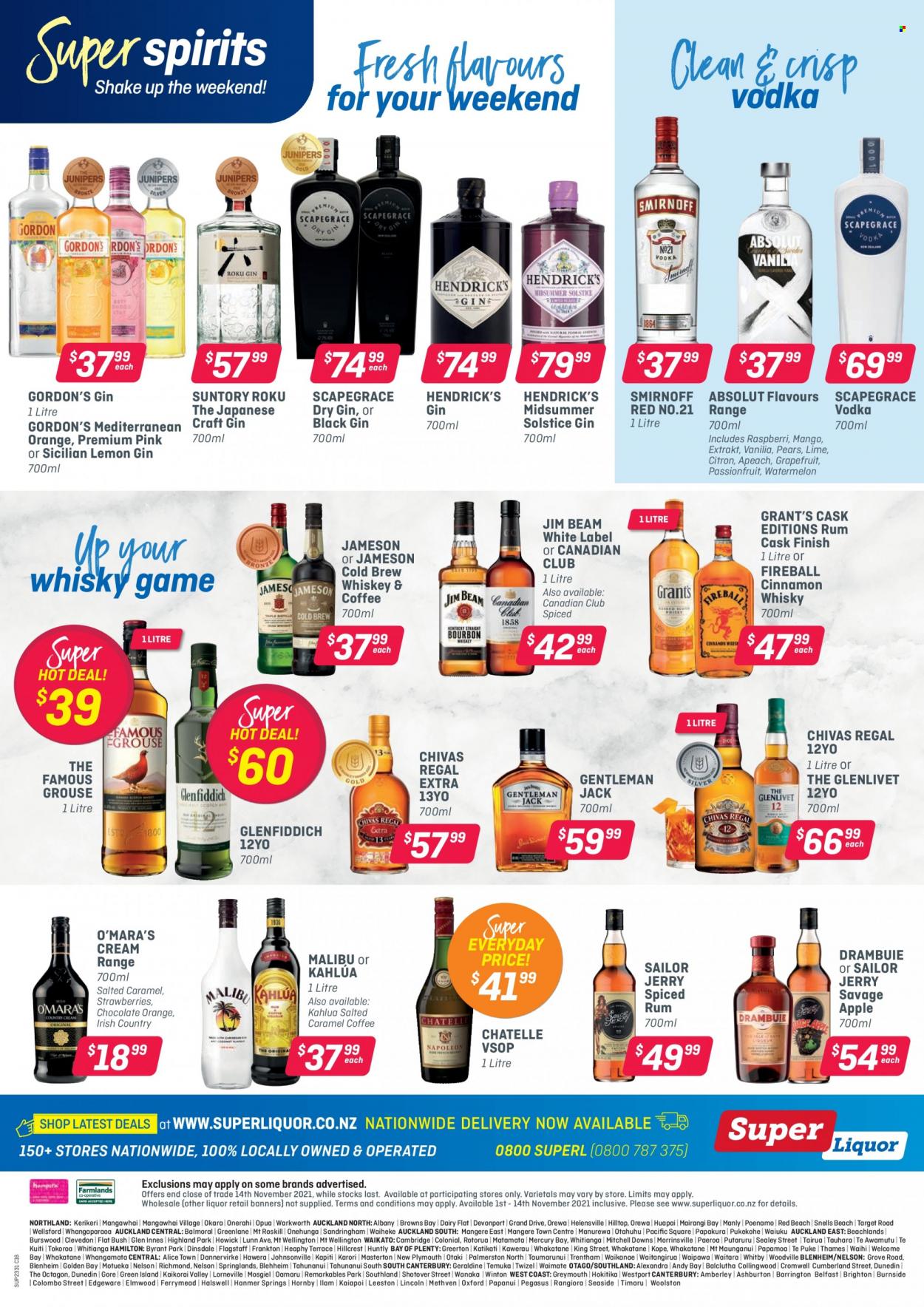 Super Liquor mailer - 01.11.2021 - 14.11.2021 - Sales products - coffee, Kahlúa, Drambuie, gin, rum, Smirnoff, spiced rum, vodka, whiskey, Jameson, liquor, Gordon's, Grant's, Absolut, Chivas Regal, Malibu, Glenfiddich, The Famous Grouse, Jim Beam, cinnamon whisky, Hendrick's, whisky. Page 12.