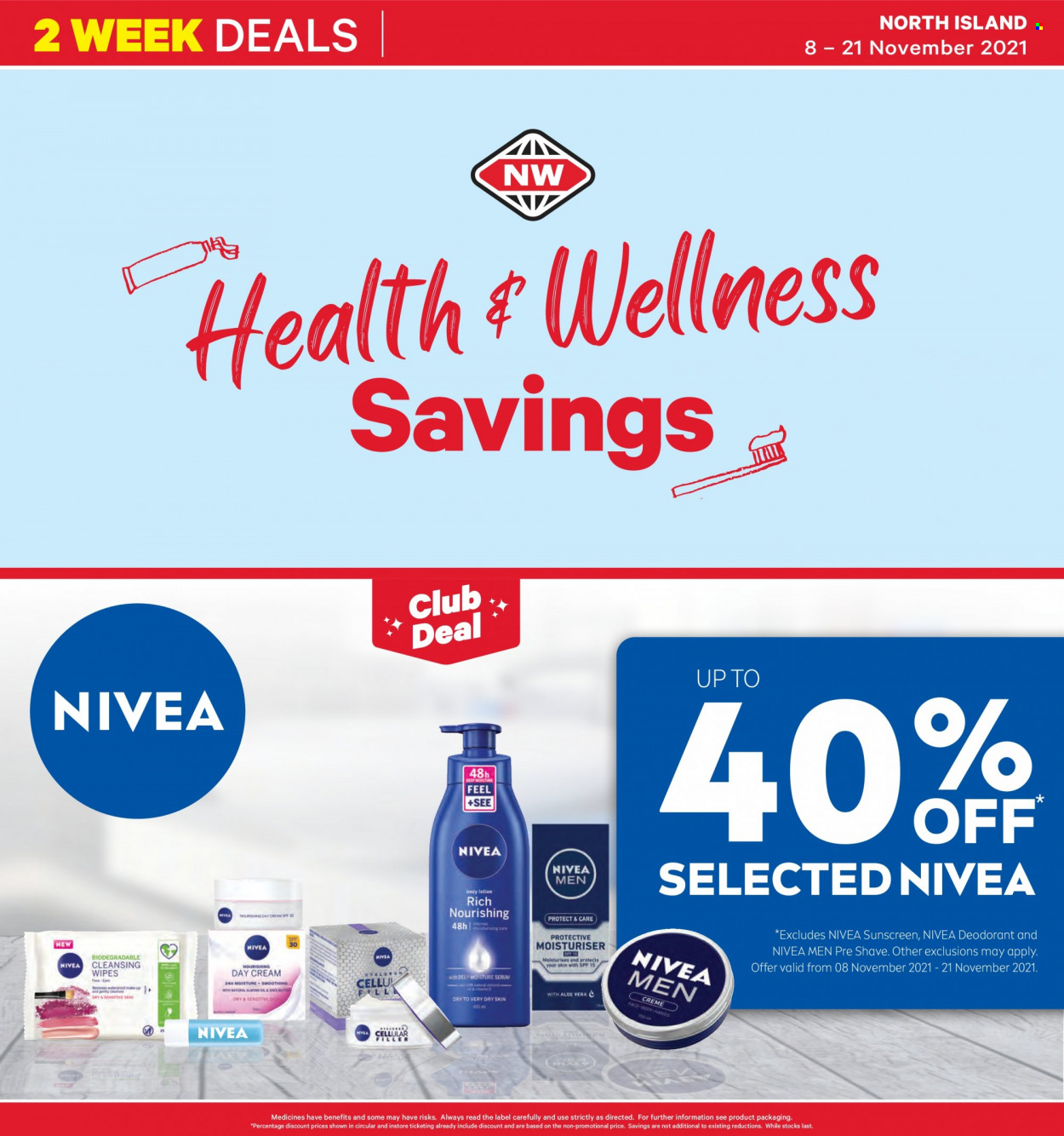 thumbnail - New World mailer - 08.11.2021 - 21.11.2021 - Sales products - cleansing wipes, wipes, Nivea, day cream, serum, body lotion, anti-perspirant, deodorant. Page 1.