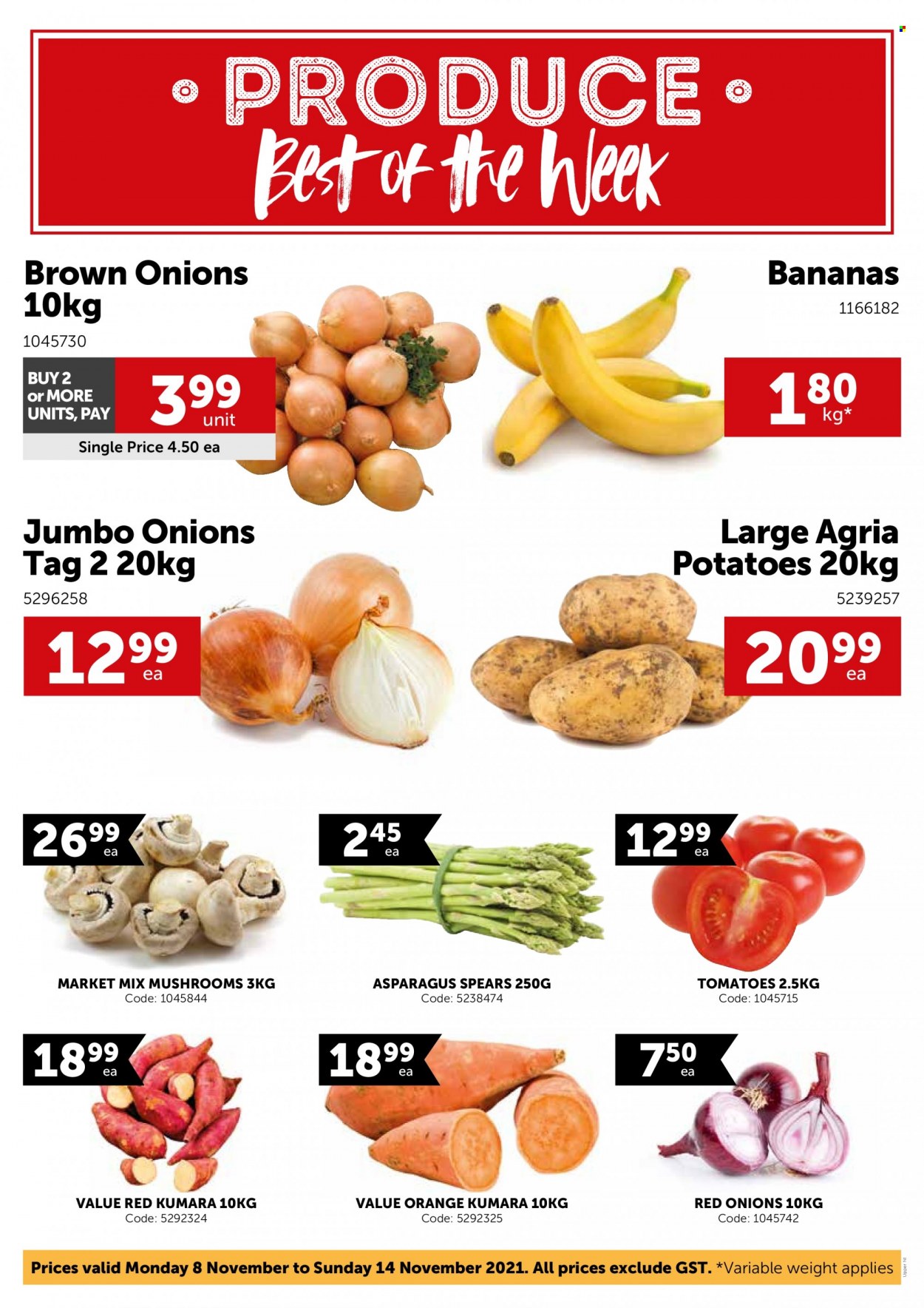 thumbnail - Gilmours mailer - 08.11.2021 - 14.11.2021 - Sales products - mushrooms, asparagus, red onions, tomatoes, potatoes, onion, bananas, oranges. Page 1.
