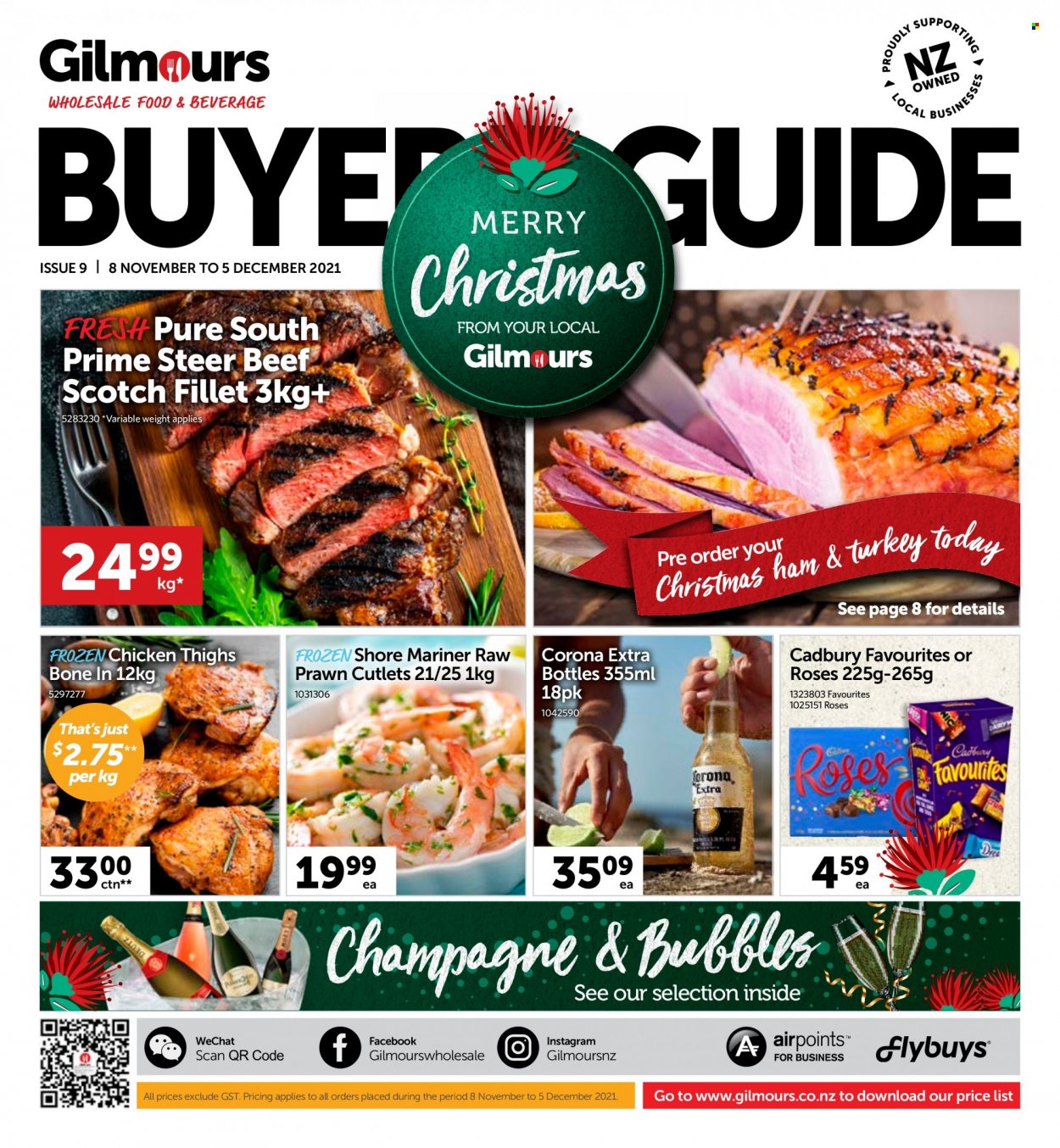 thumbnail - Gilmours mailer - 08.11.2021 - 05.12.2021 - Sales products - prawns, Shore Mariner, ham, Cadbury, beer, Corona Extra, chicken thighs. Page 1.