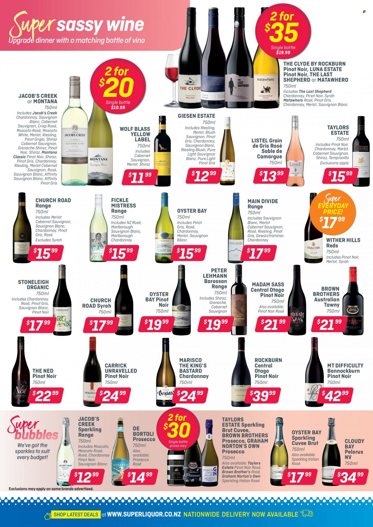 thumbnail - Super Liquor mailer - 15.11.2021 - 28.11.2021 - Sales products - Cabernet Sauvignon, red wine, Riesling, sparkling wine, white wine, prosecco, Chardonnay, wine, Merlot, Pinot Noir, Cuvée, Wither Hills, Syrah, Moscato, Jacob's Creek, Shiraz, Tempranillo, Pinot Grigio, Sauvignon Blanc, rosé wine, BROTHERS. Page 6.