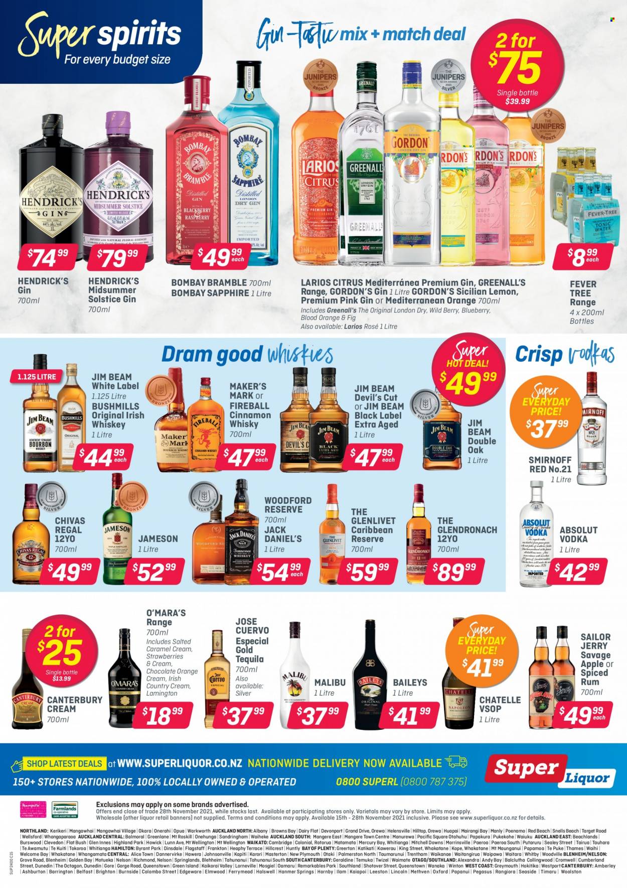 Super Liquor mailer - 15.11.2021 - 28.11.2021 - Sales products - wine, rosé wine, gin, rum, Smirnoff, spiced rum, tequila, vodka, whiskey, irish whiskey, Jack Daniel's, Jameson, Baileys, liquor, Gordon's, Absolut, Chivas Regal, Malibu, Jim Beam, cinnamon whisky, Hendrick's, whisky. Page 12.